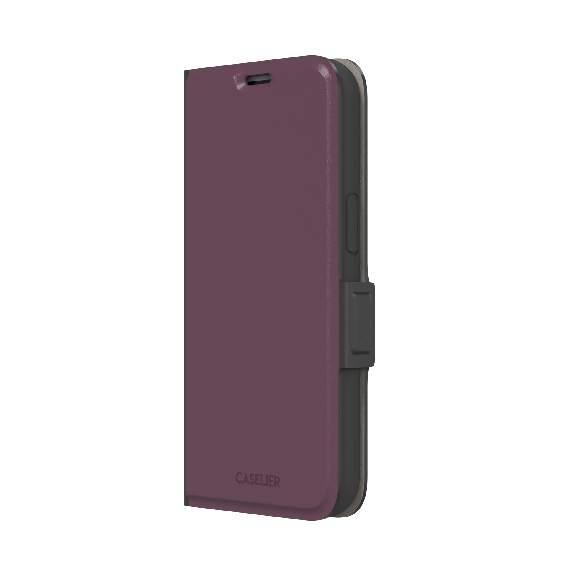 Solid burgundy-purple phone case in a muted, wine-toned purple, phone case by Caselier — wallet case, right view