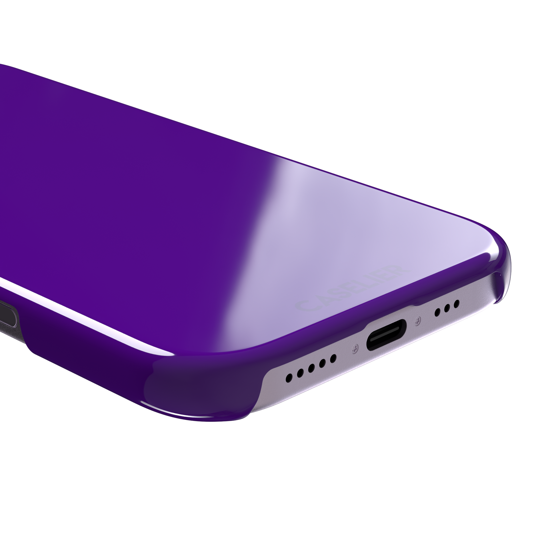 Solid electric violet phone case in a bold, cool deep purple tone, phone case by Caselier — snap case, charging port detail