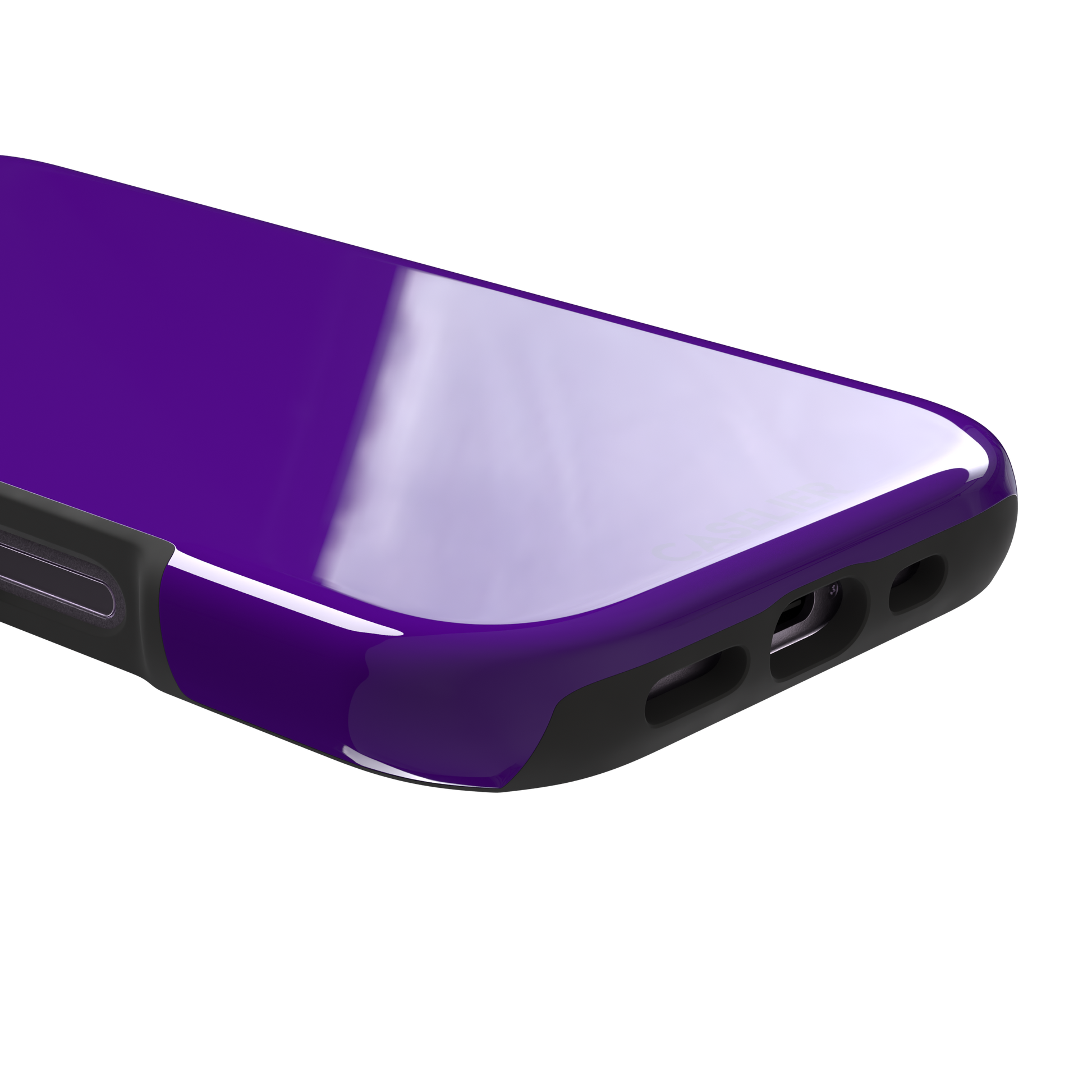 Solid electric violet phone case in a bold, cool deep purple tone, phone case by Caselier — tough case, charging port detail
