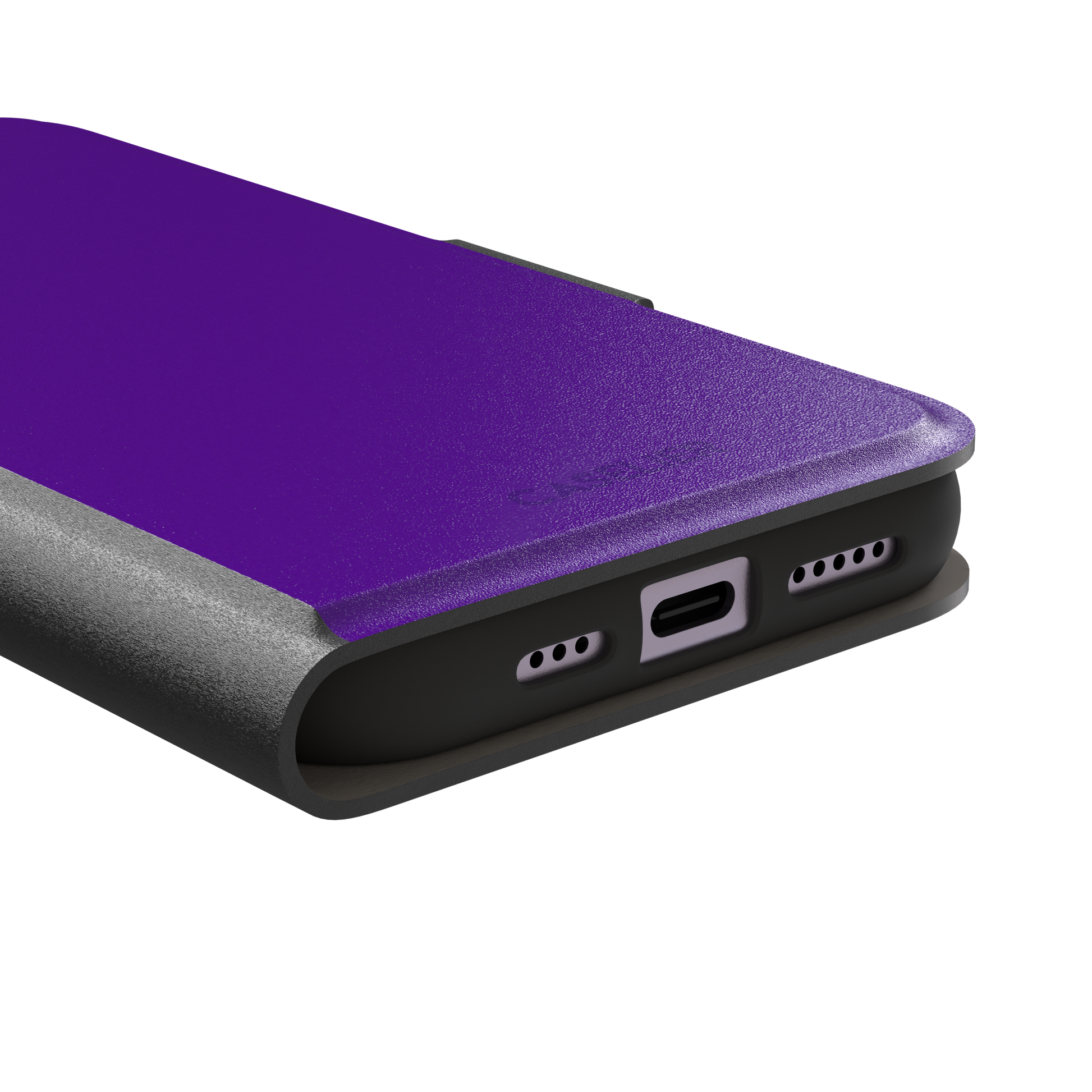 Solid electric violet phone case in a bold, cool deep purple tone, phone case by Caselier — wallet case, charging port detail