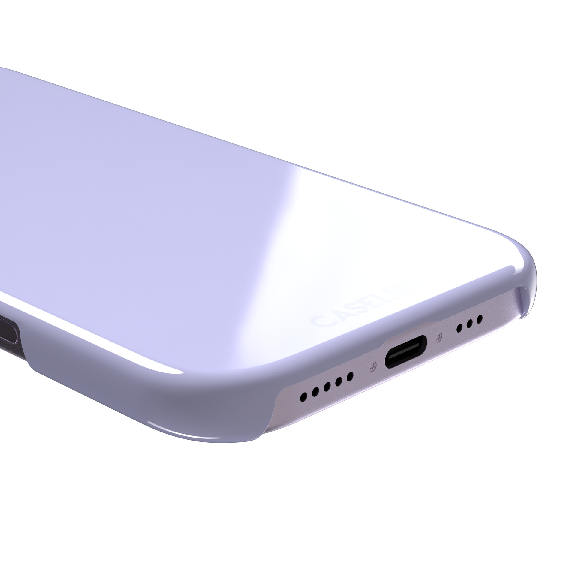 Solid pale lavender phone case in a light, cool periwinkle-lilac tone, phone case by Caselier — snap case, charging port detail