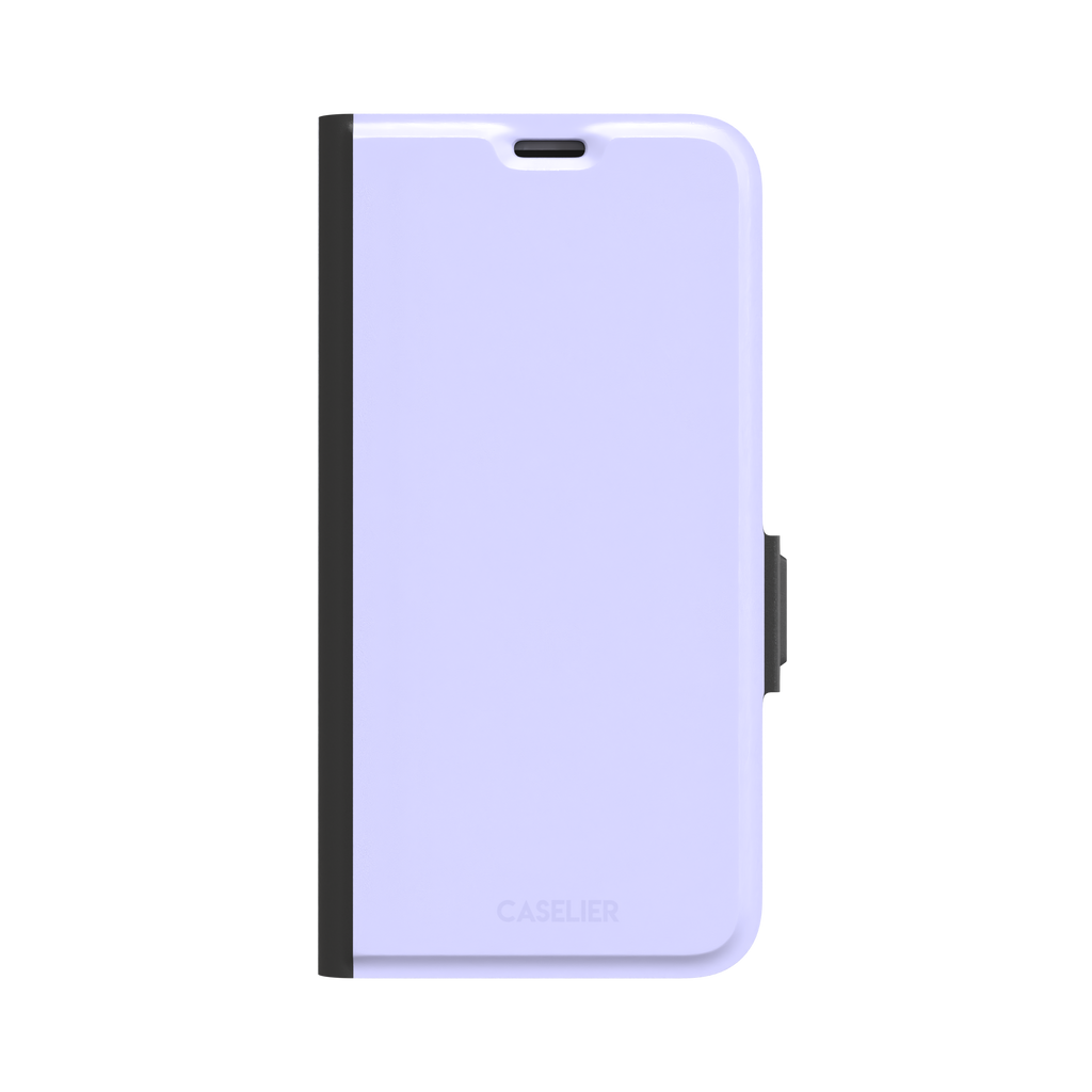 Solid pale lavender phone case in a light, cool periwinkle-lilac tone, phone case by Caselier — wallet case, front view