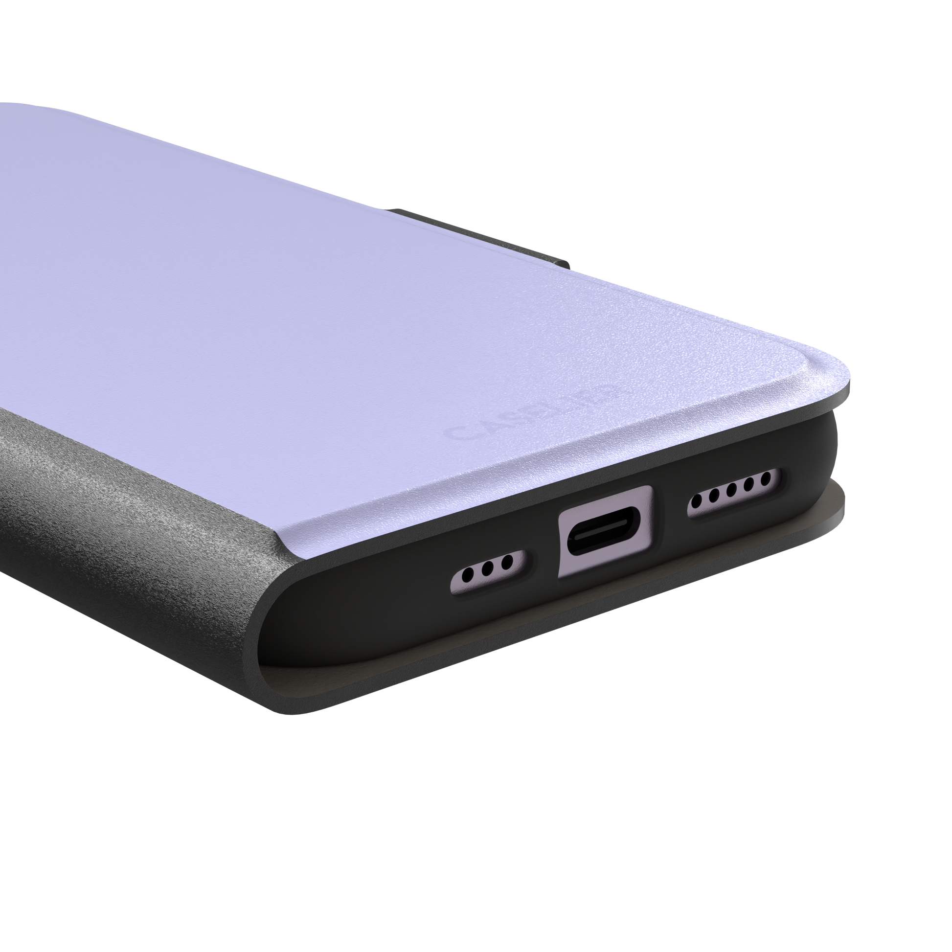 Solid pale lavender phone case in a light, cool periwinkle-lilac tone, phone case by Caselier — wallet case, charging port detail
