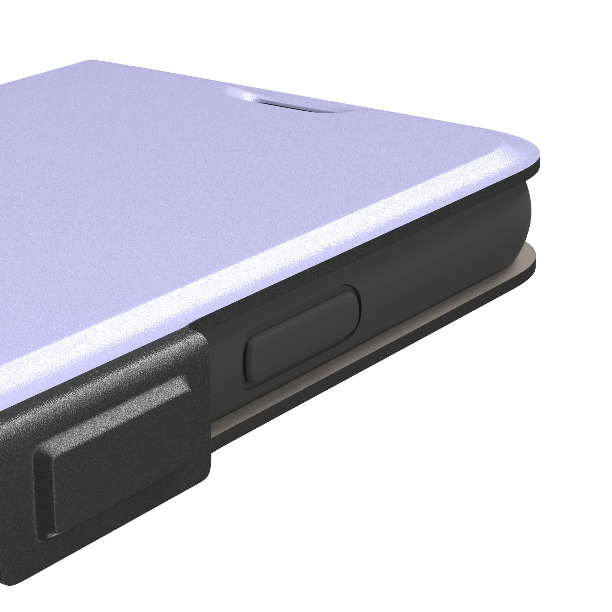 Solid pale lavender phone case in a light, cool periwinkle-lilac tone, phone case by Caselier — wallet case, volume buttons detail
