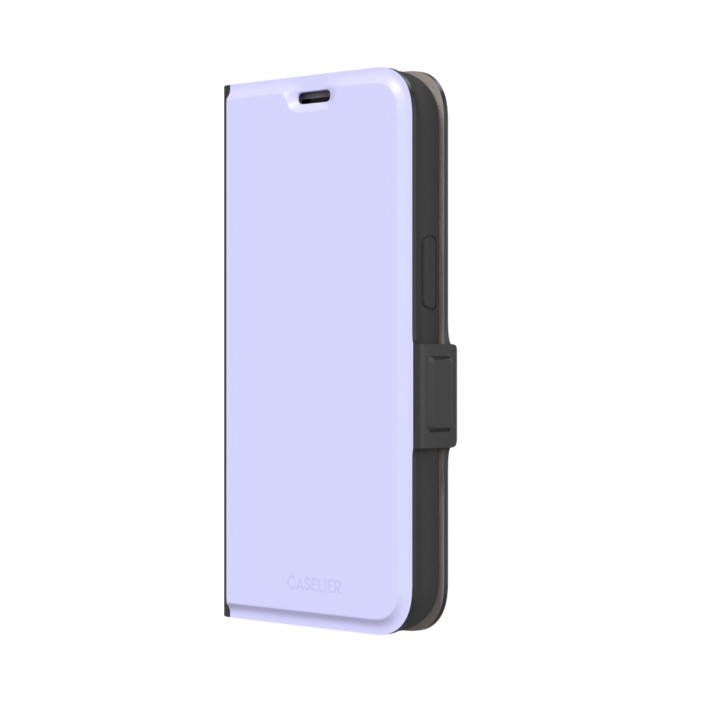 Solid pale lavender phone case in a light, cool periwinkle-lilac tone, phone case by Caselier — wallet case, right view