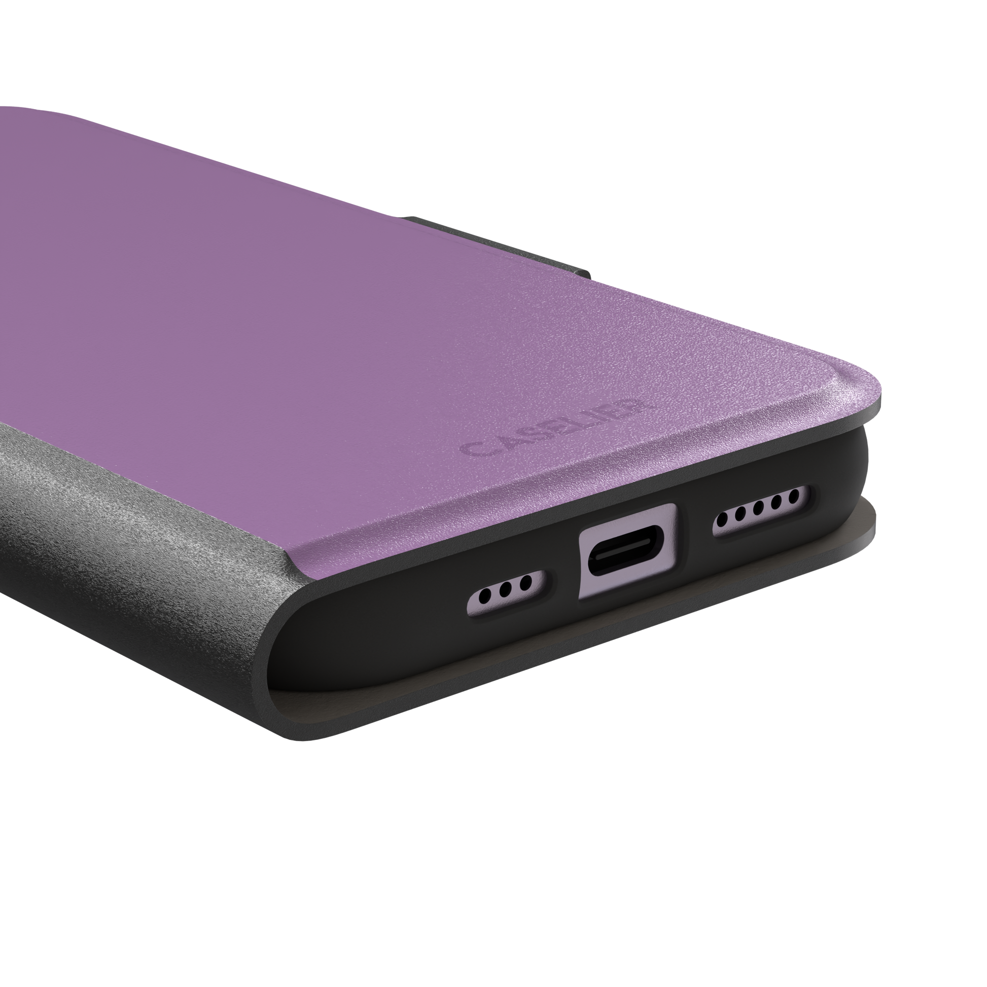 Solid mauve-pink purple phone case in a soft, warm rose-purple tone, phone case by Caselier — wallet case, charging port detail