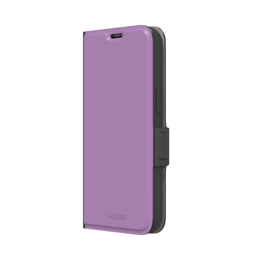 Solid mauve-pink purple phone case in a soft, warm rose-purple tone, phone case by Caselier — wallet case, right view