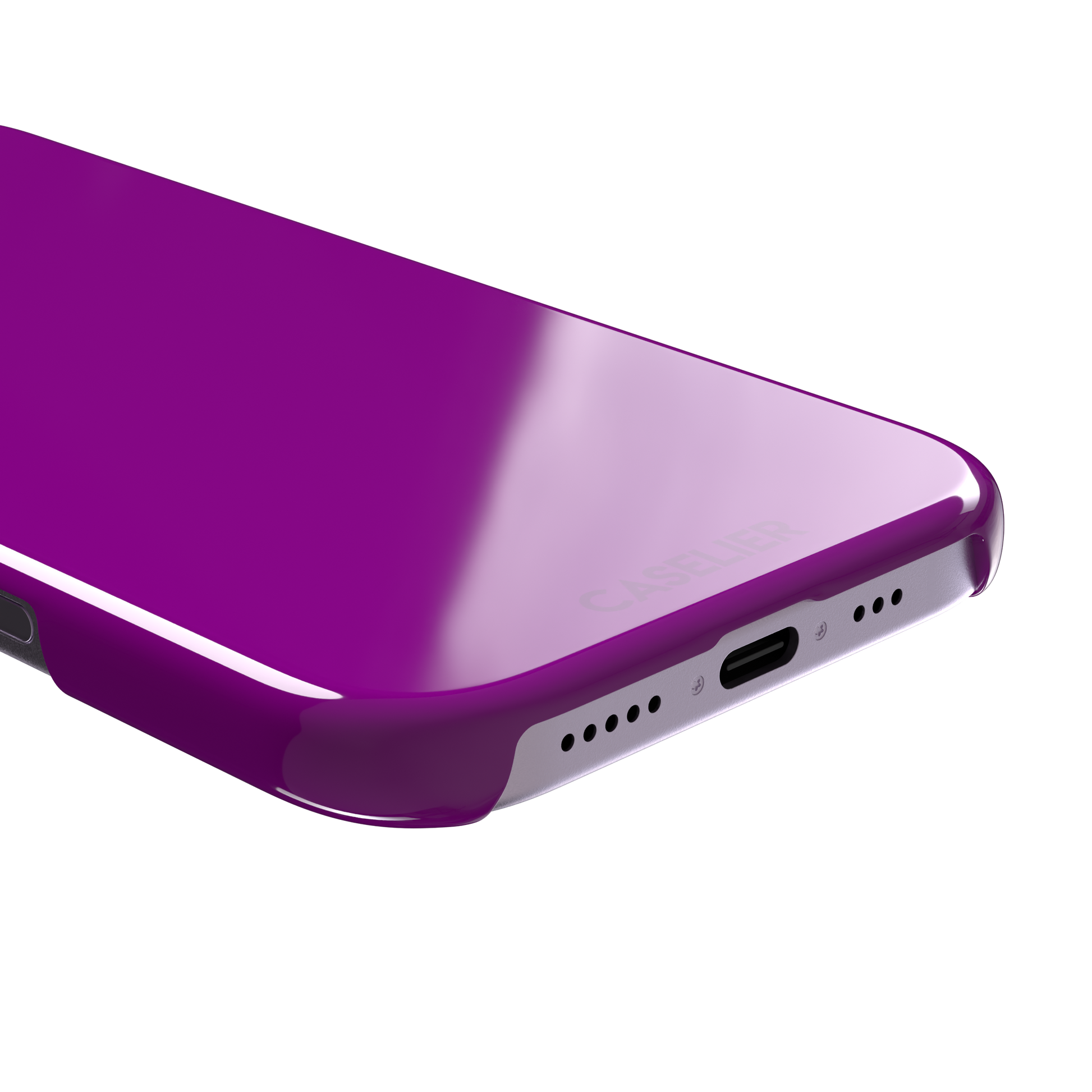 Solid magenta-purple phone case in a vivid, warm fuchsia-purple tone, phone case by Caselier — snap case, charging port detail