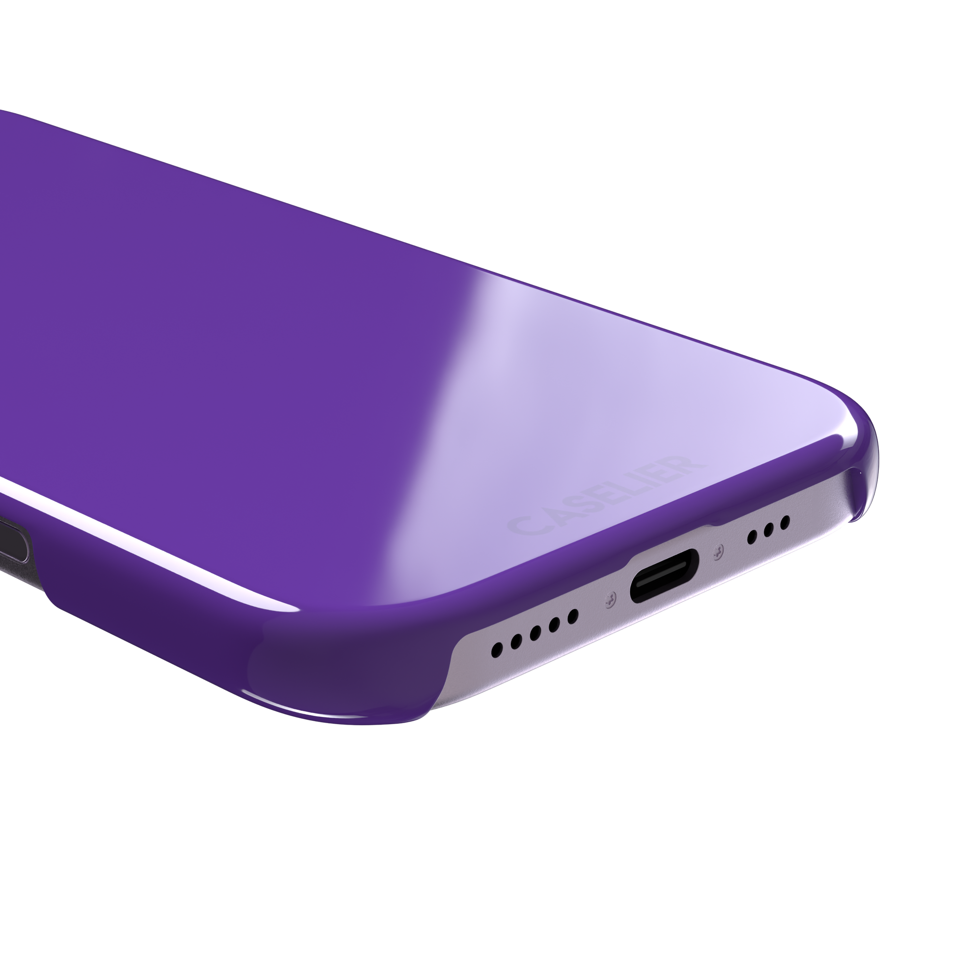 Solid bright violet phone case in a vivid, saturated purple tone, phone case by Caselier — snap case, charging port detail