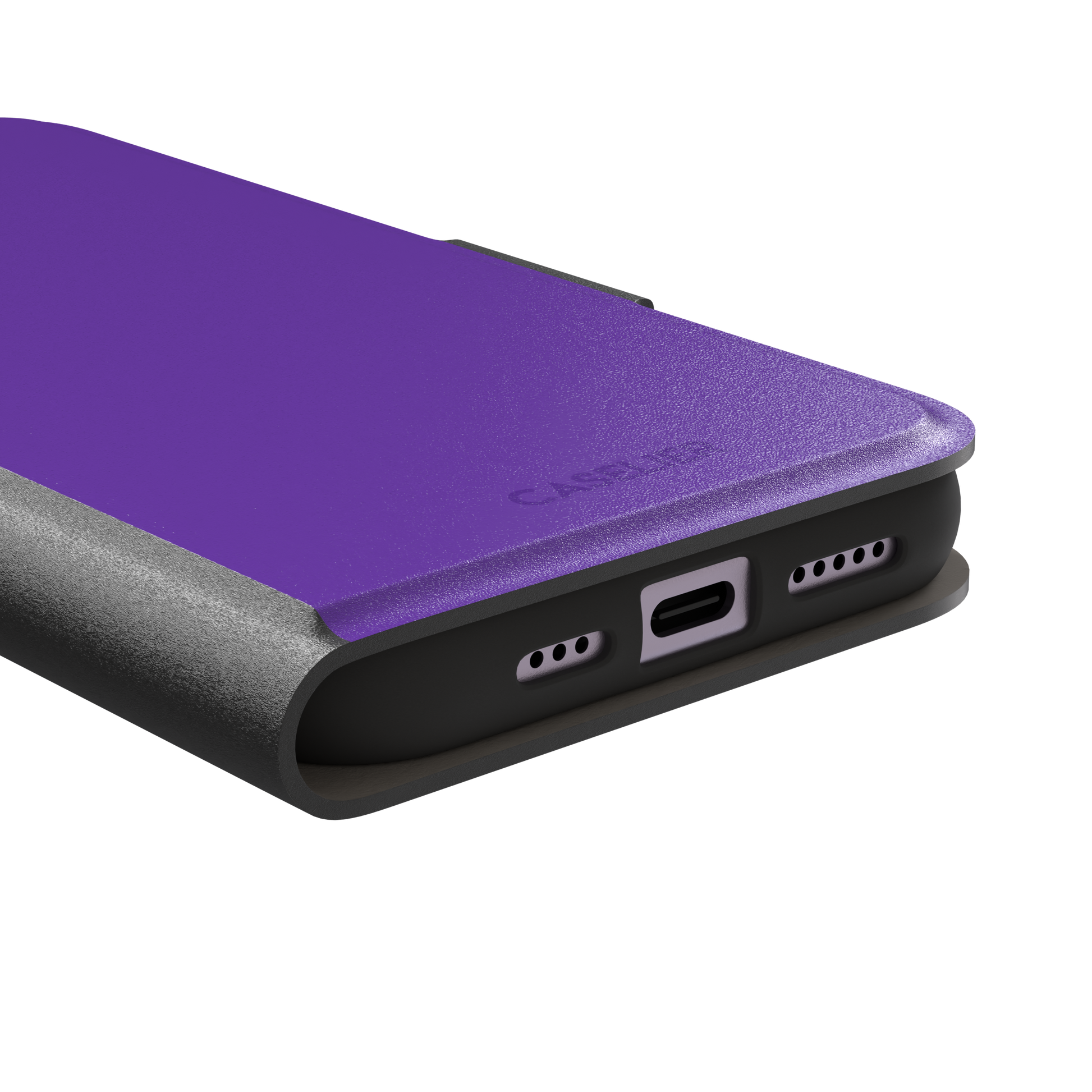 Solid bright violet phone case in a vivid, saturated purple tone, phone case by Caselier — wallet case, charging port detail
