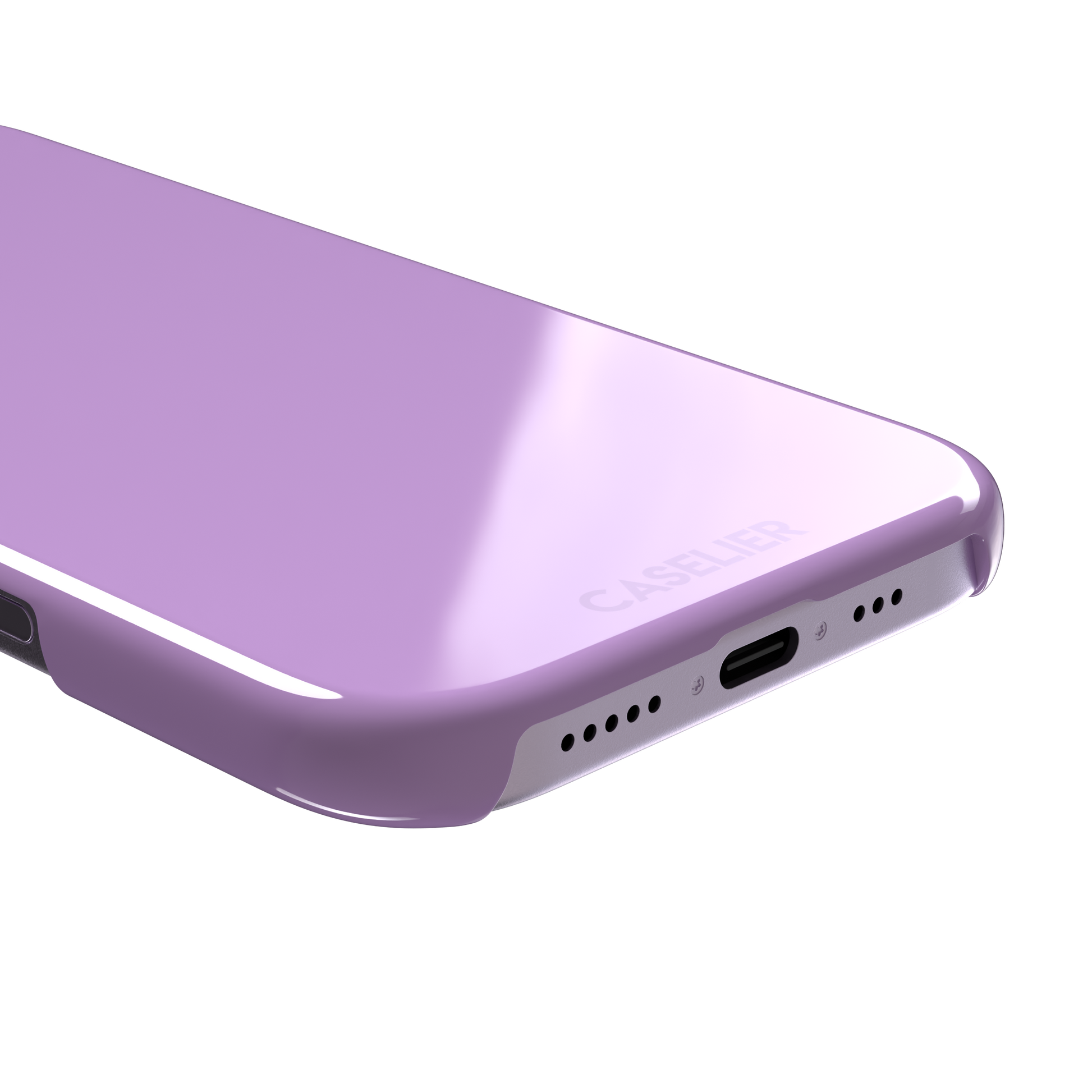 Solid orchid phone case in a light, warm pink-purple tone, phone case by Caselier — snap case, charging port detail