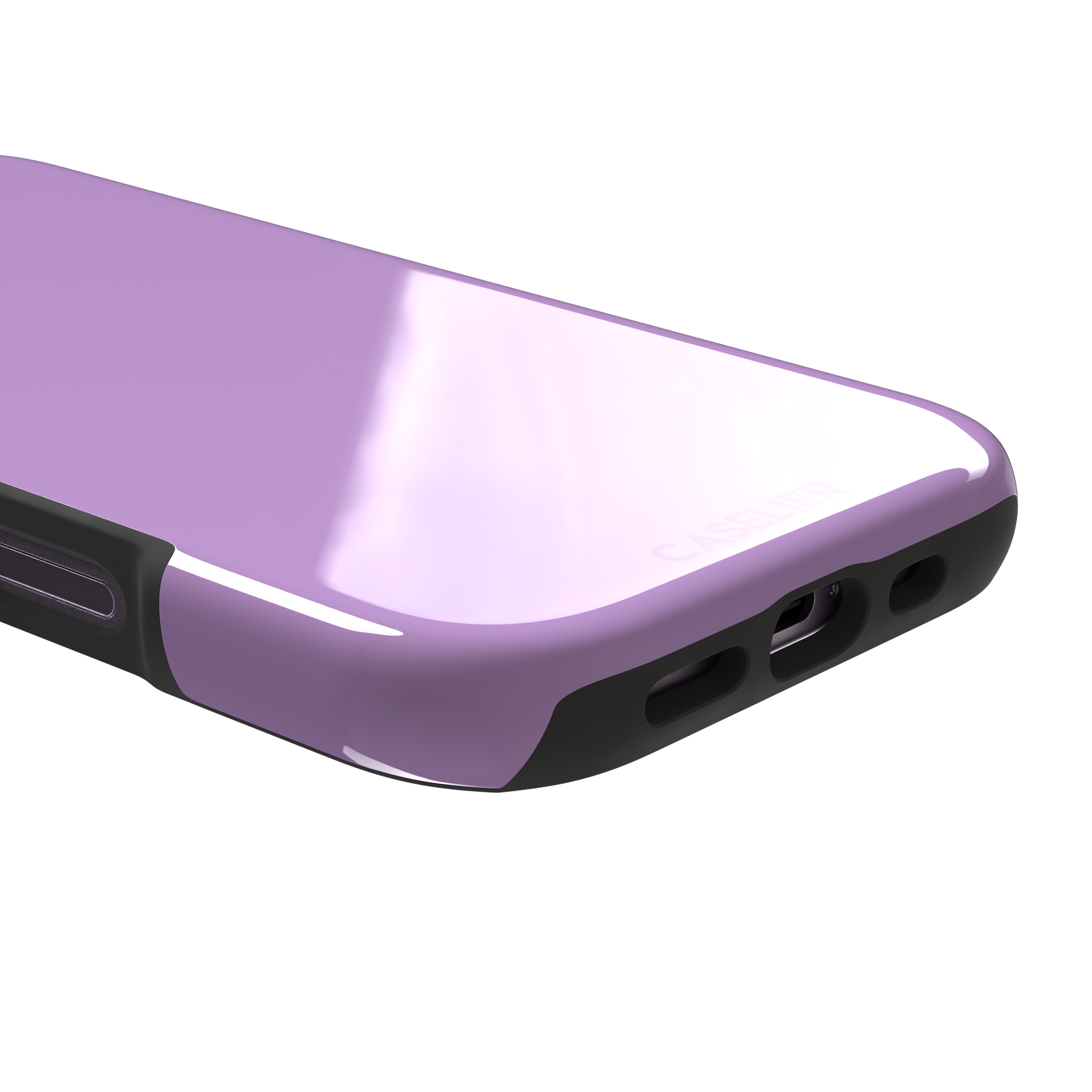 Solid orchid phone case in a light, warm pink-purple tone, phone case by Caselier — tough case, charging port detail