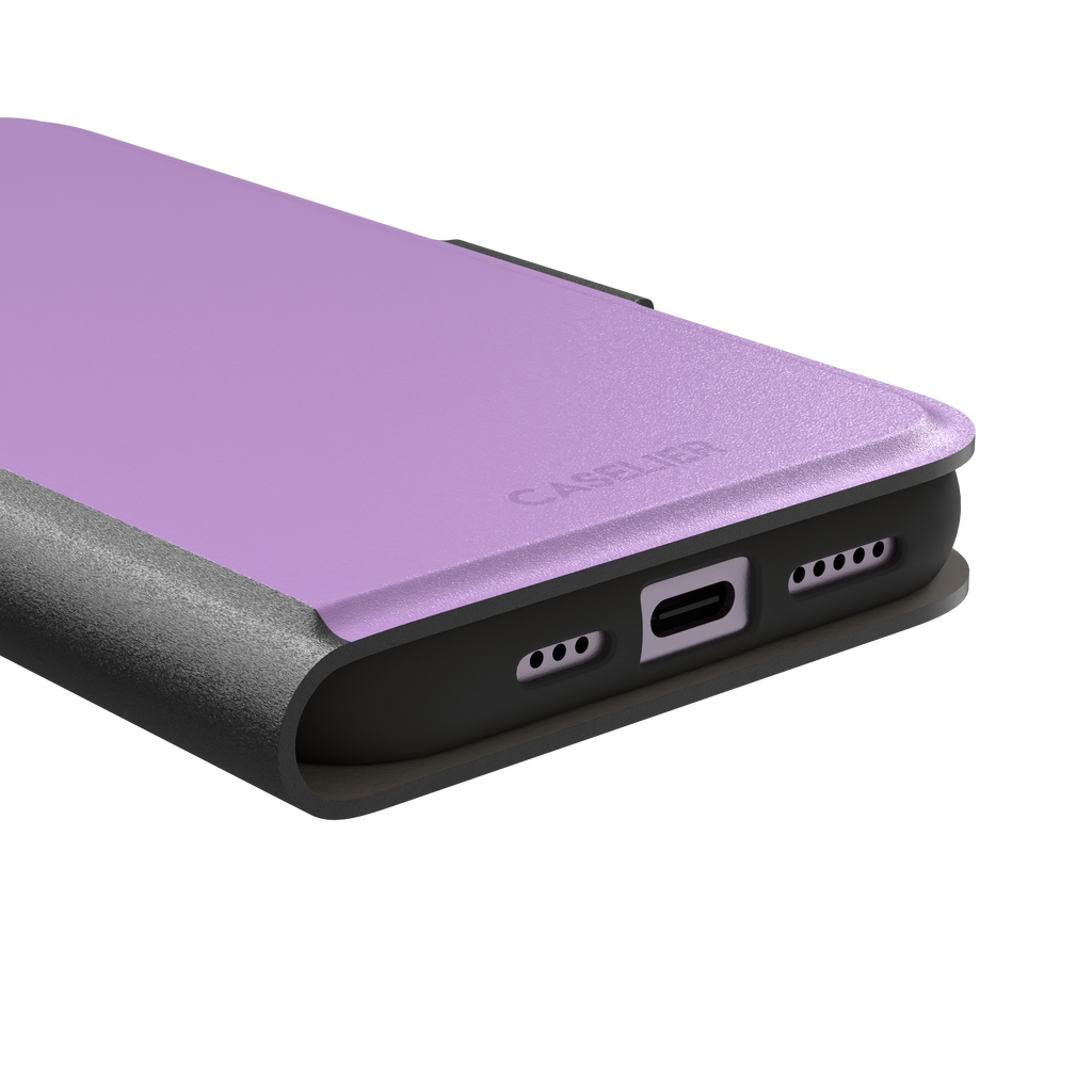 Solid orchid phone case in a light, warm pink-purple tone, phone case by Caselier — wallet case, charging port detail