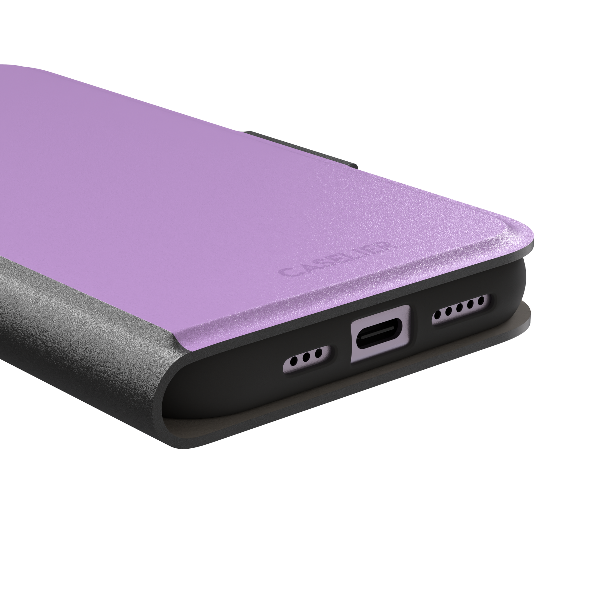 Solid orchid phone case in a light, warm pink-purple tone, phone case by Caselier — wallet case, charging port detail