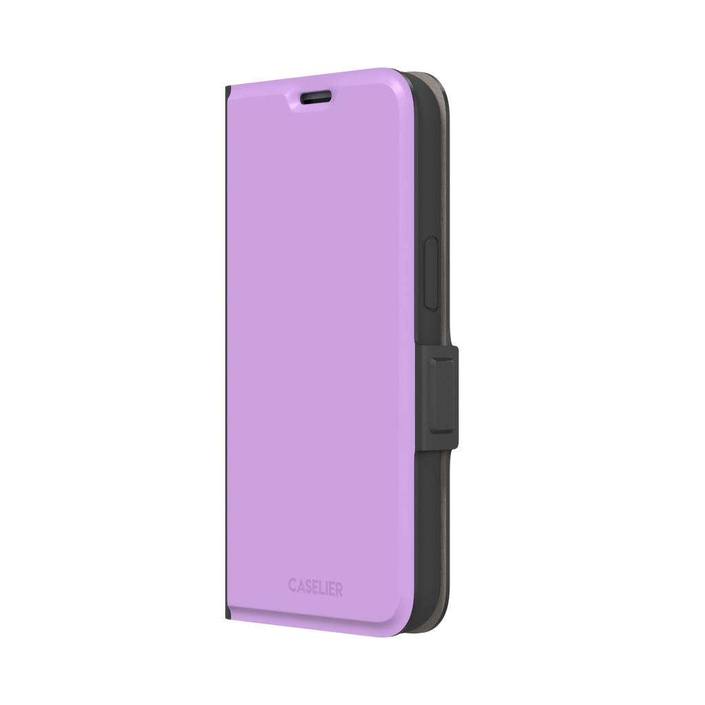 Solid orchid phone case in a light, warm pink-purple tone, phone case by Caselier — wallet case, right view