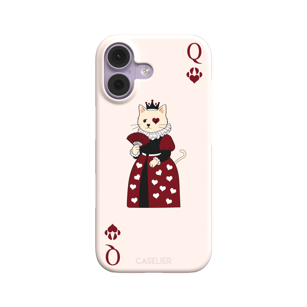 Queen of Hearts phone case in blush pink featuring a crowned cat in a crimson heart-print gown styled as a playing card, with paw print suit symbols, phone case by Caselier — snap case, front view