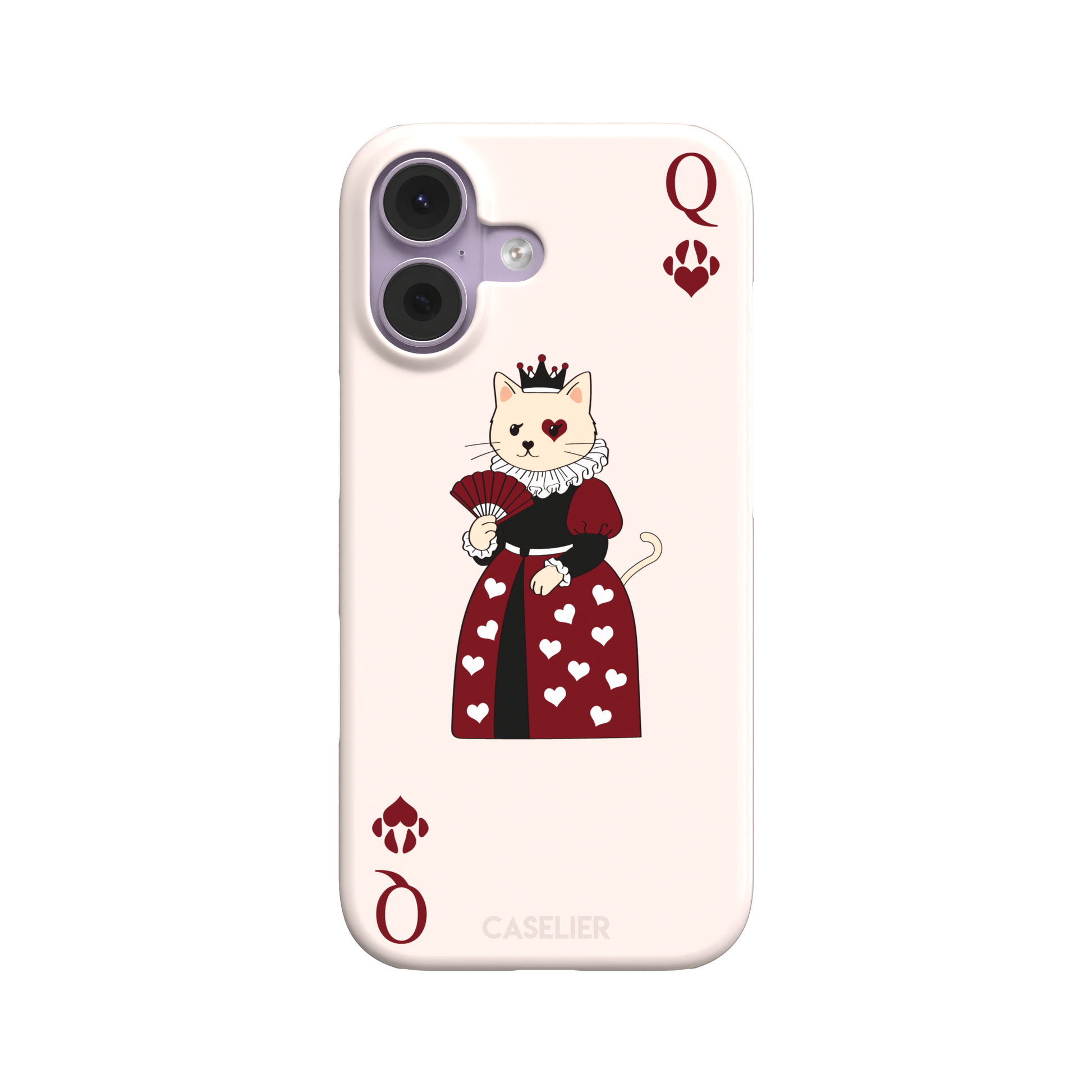 Queen of Hearts phone case in blush pink featuring a crowned cat in a crimson heart-print gown styled as a playing card, with paw print suit symbols, phone case by Caselier — snap case, front view