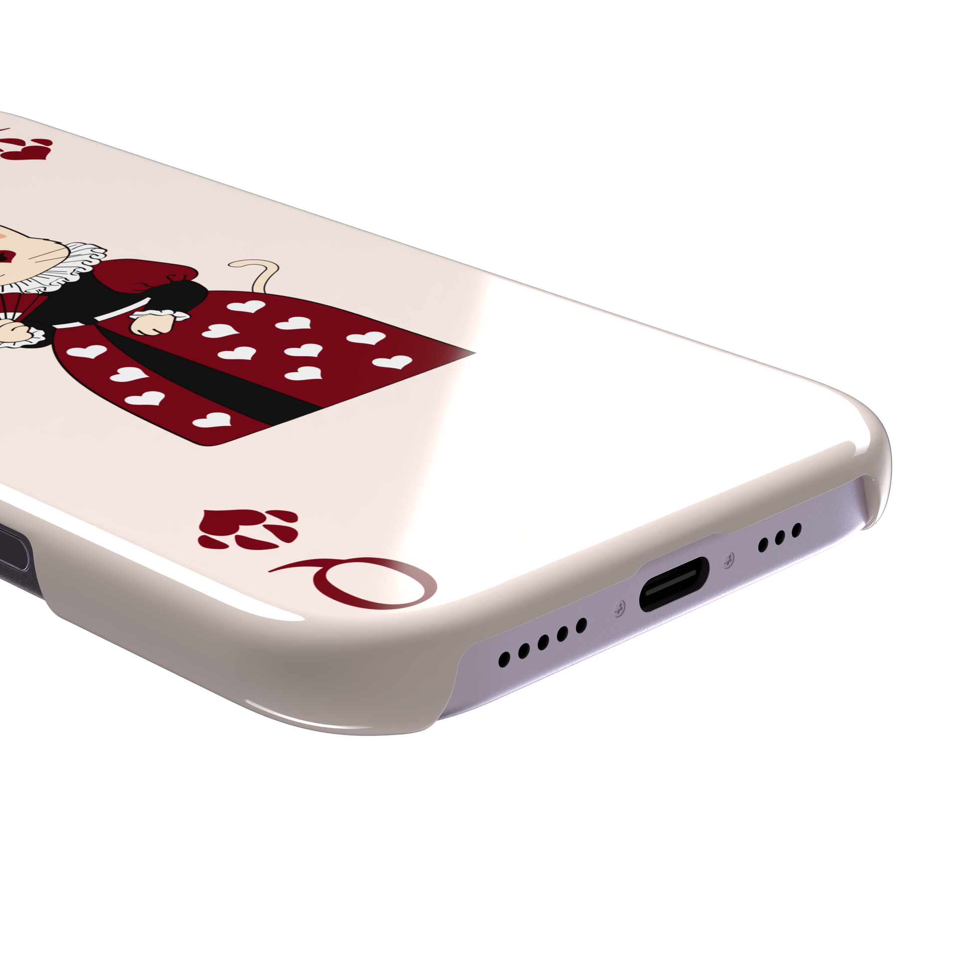 Queen of Hearts phone case in blush pink featuring a crowned cat in a crimson heart-print gown styled as a playing card, with paw print suit symbols, phone case by Caselier — snap case, charging port detail