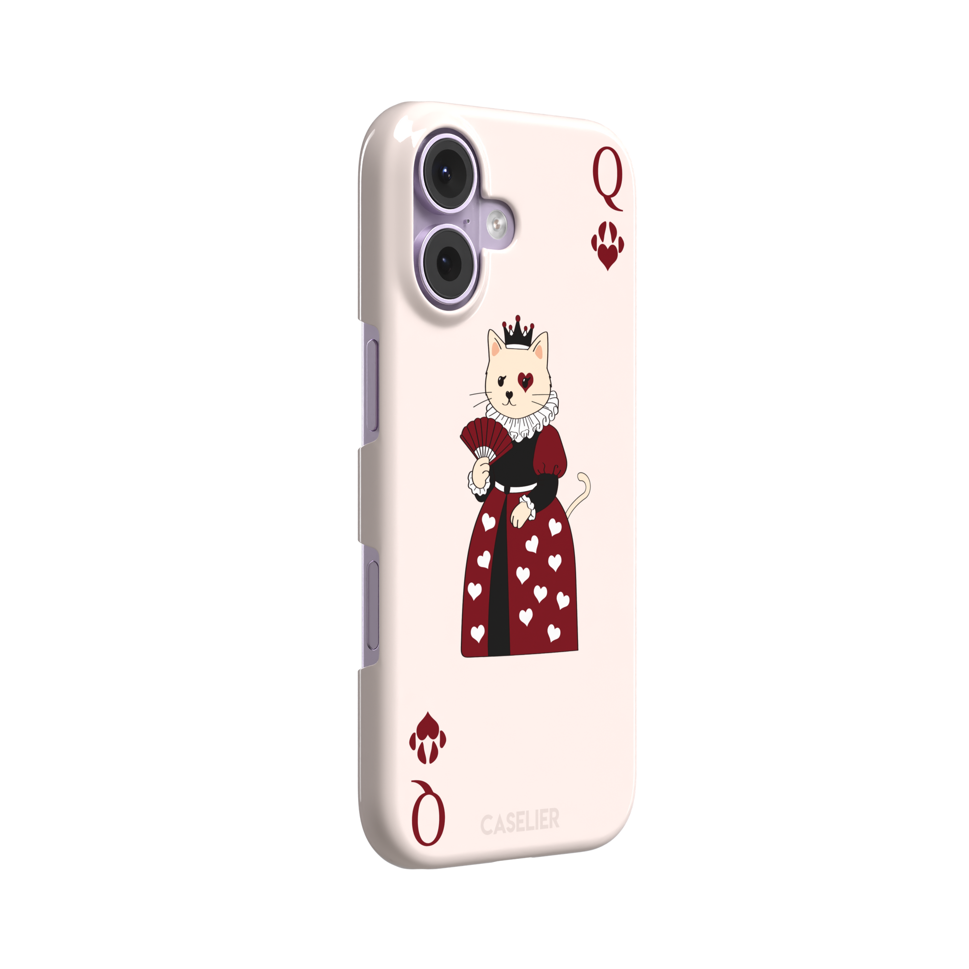 Queen of Hearts phone case in blush pink featuring a crowned cat in a crimson heart-print gown styled as a playing card, with paw print suit symbols, phone case by Caselier — snap case, left view