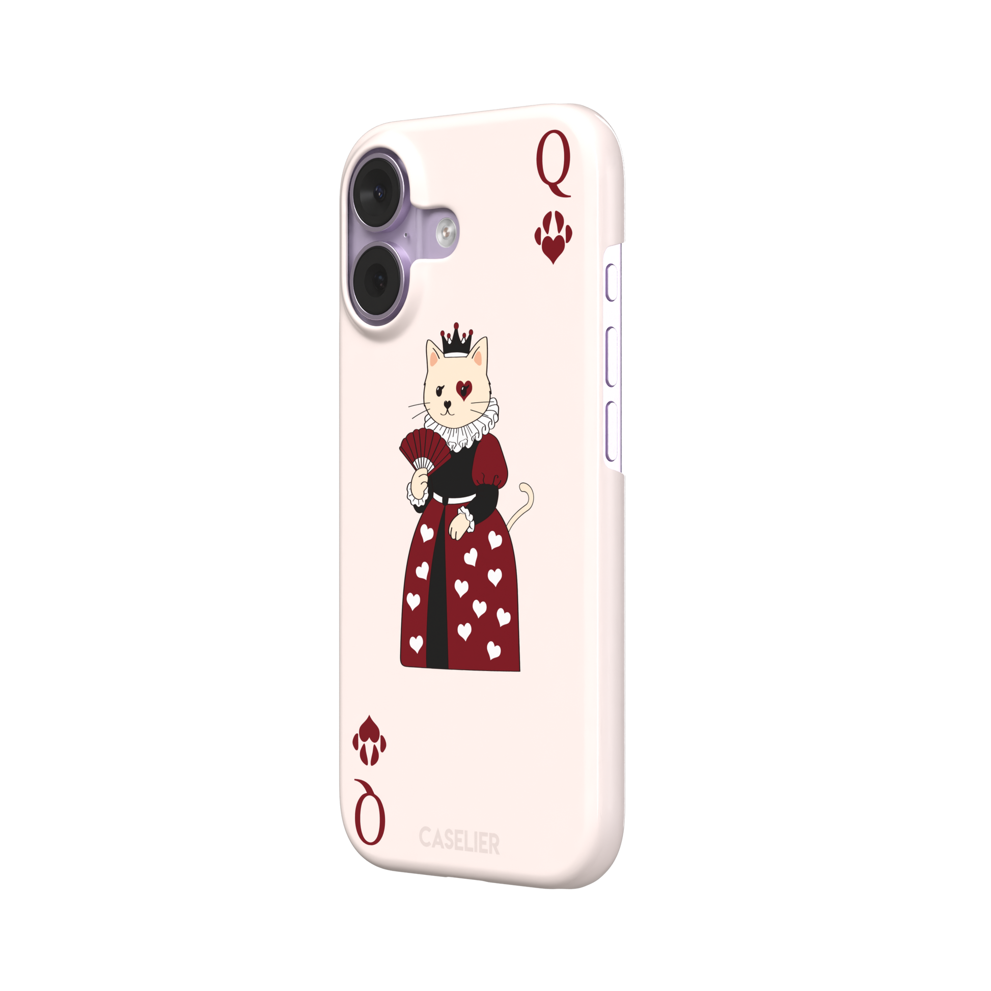 Queen of Hearts phone case in blush pink featuring a crowned cat in a crimson heart-print gown styled as a playing card, with paw print suit symbols, phone case by Caselier — snap case, right view