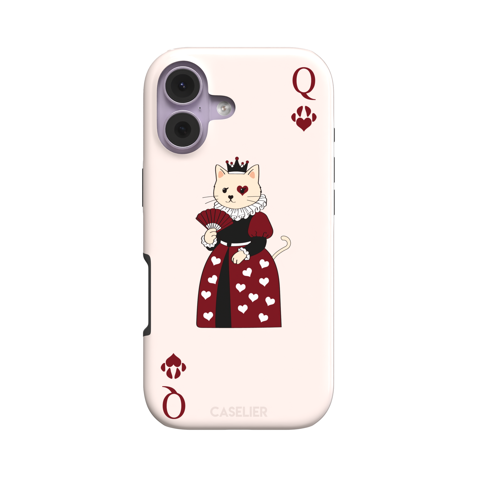 Queen of Hearts phone case in blush pink featuring a crowned cat in a crimson heart-print gown styled as a playing card, with paw print suit symbols, phone case by Caselier — tough case, front view