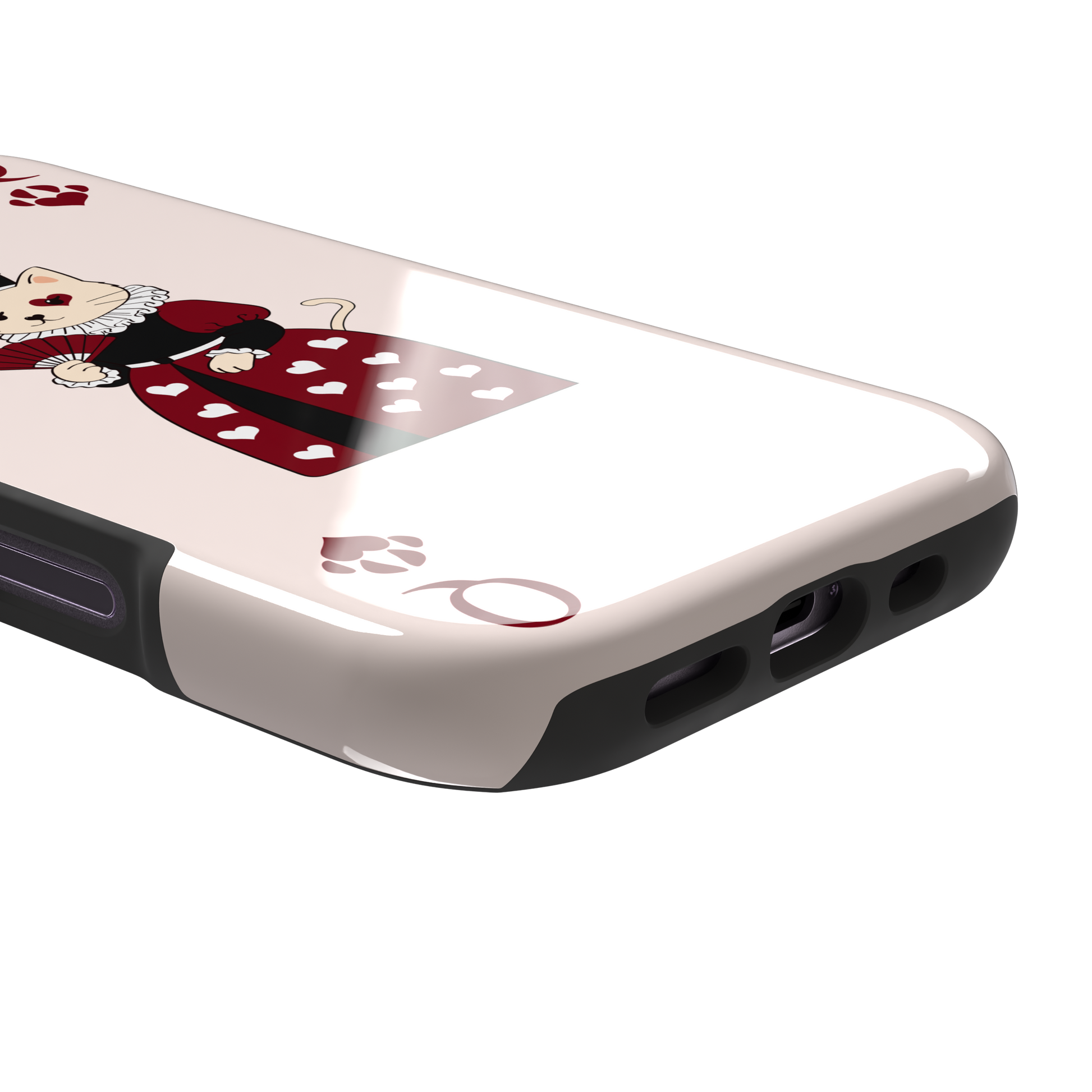 Queen of Hearts phone case in blush pink featuring a crowned cat in a crimson heart-print gown styled as a playing card, with paw print suit symbols, phone case by Caselier — tough case, charging port detail