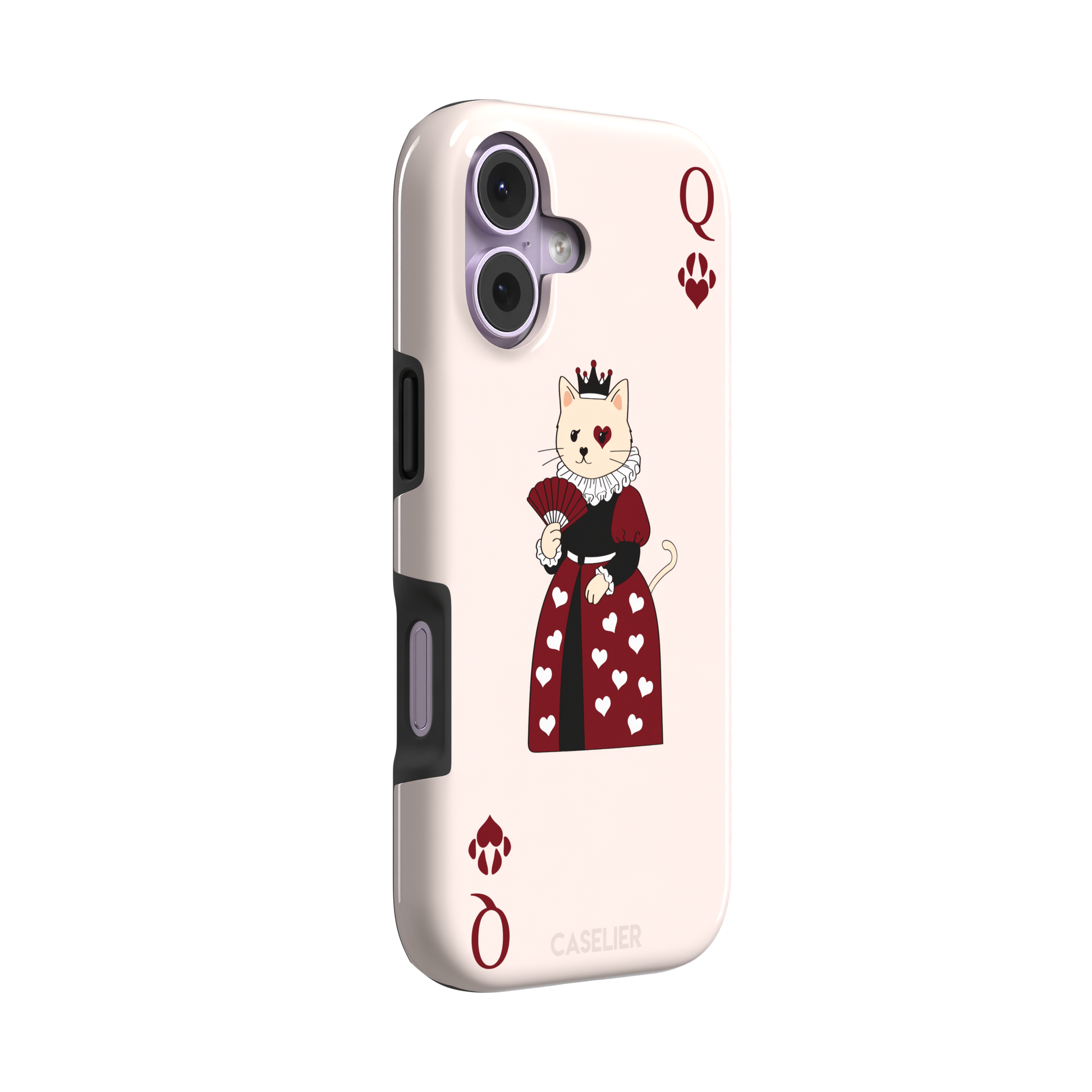 Queen of Hearts phone case in blush pink featuring a crowned cat in a crimson heart-print gown styled as a playing card, with paw print suit symbols, phone case by Caselier — tough case, left view