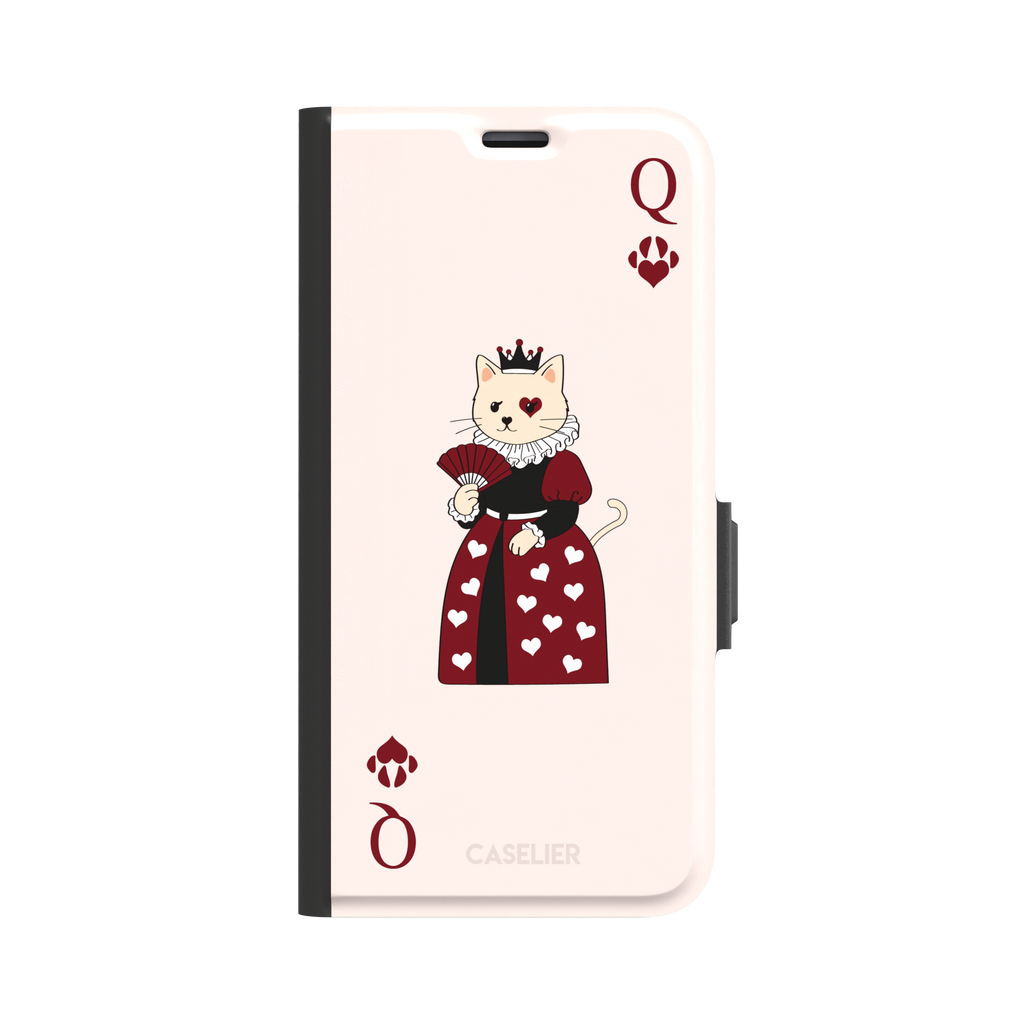 Queen of Hearts phone case in blush pink featuring a crowned cat in a crimson heart-print gown styled as a playing card, with paw print suit symbols, phone case by Caselier — wallet case, front view