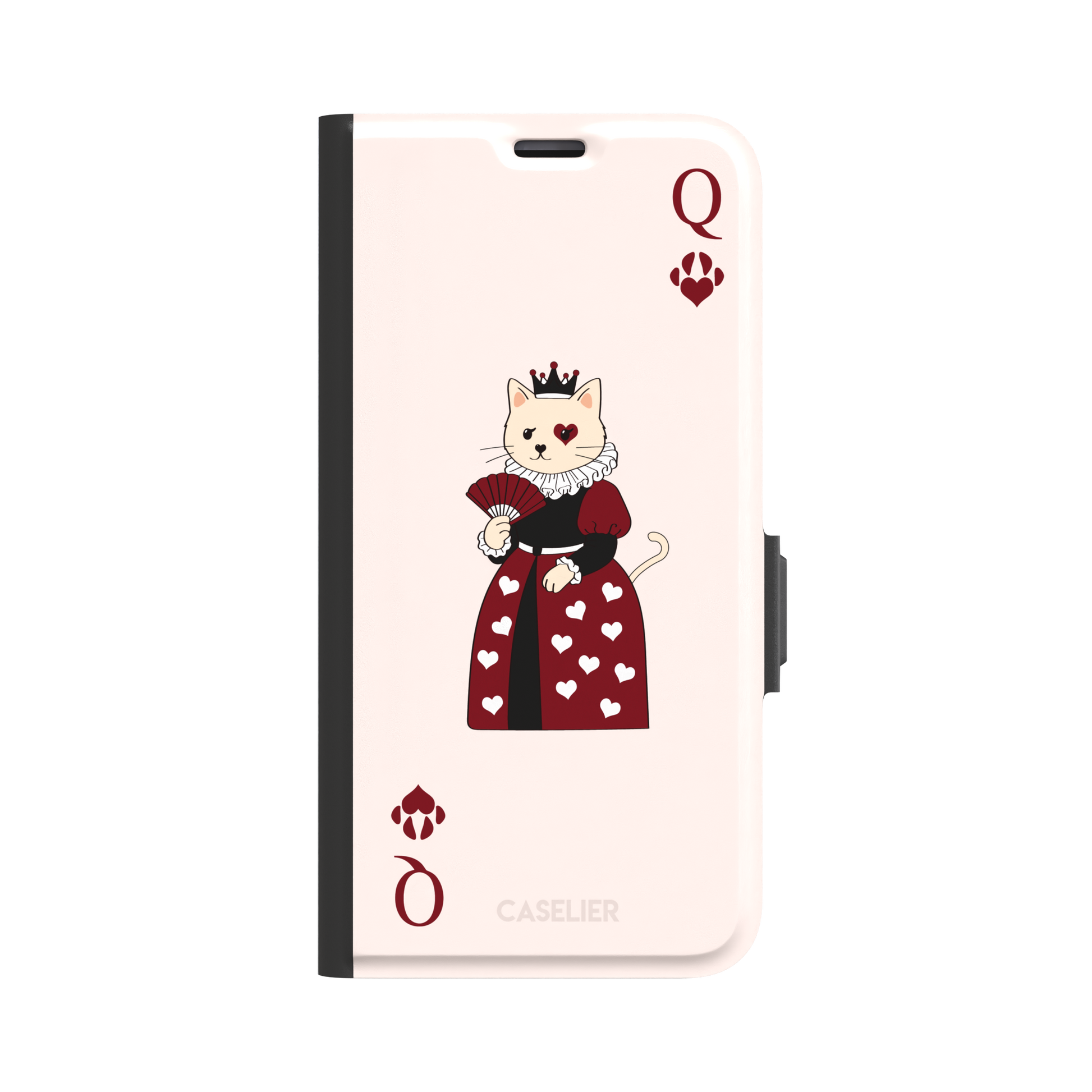 Queen of Hearts phone case in blush pink featuring a crowned cat in a crimson heart-print gown styled as a playing card, with paw print suit symbols, phone case by Caselier — wallet case, front view