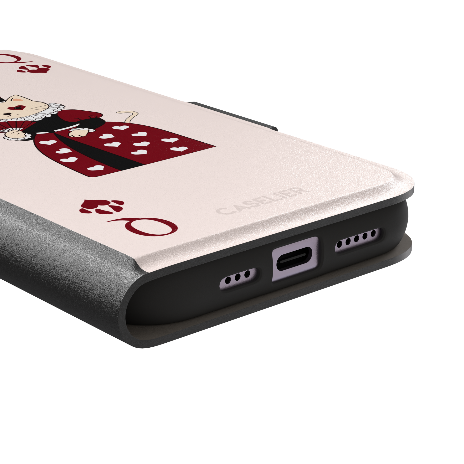 Queen of Hearts phone case in blush pink featuring a crowned cat in a crimson heart-print gown styled as a playing card, with paw print suit symbols, phone case by Caselier — wallet case, charging port detail