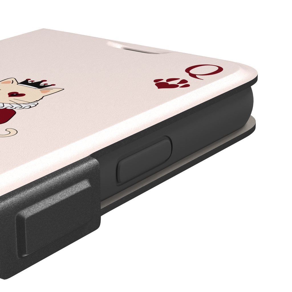 Queen of Hearts phone case in blush pink featuring a crowned cat in a crimson heart-print gown styled as a playing card, with paw print suit symbols, phone case by Caselier — wallet case, volume buttons detail