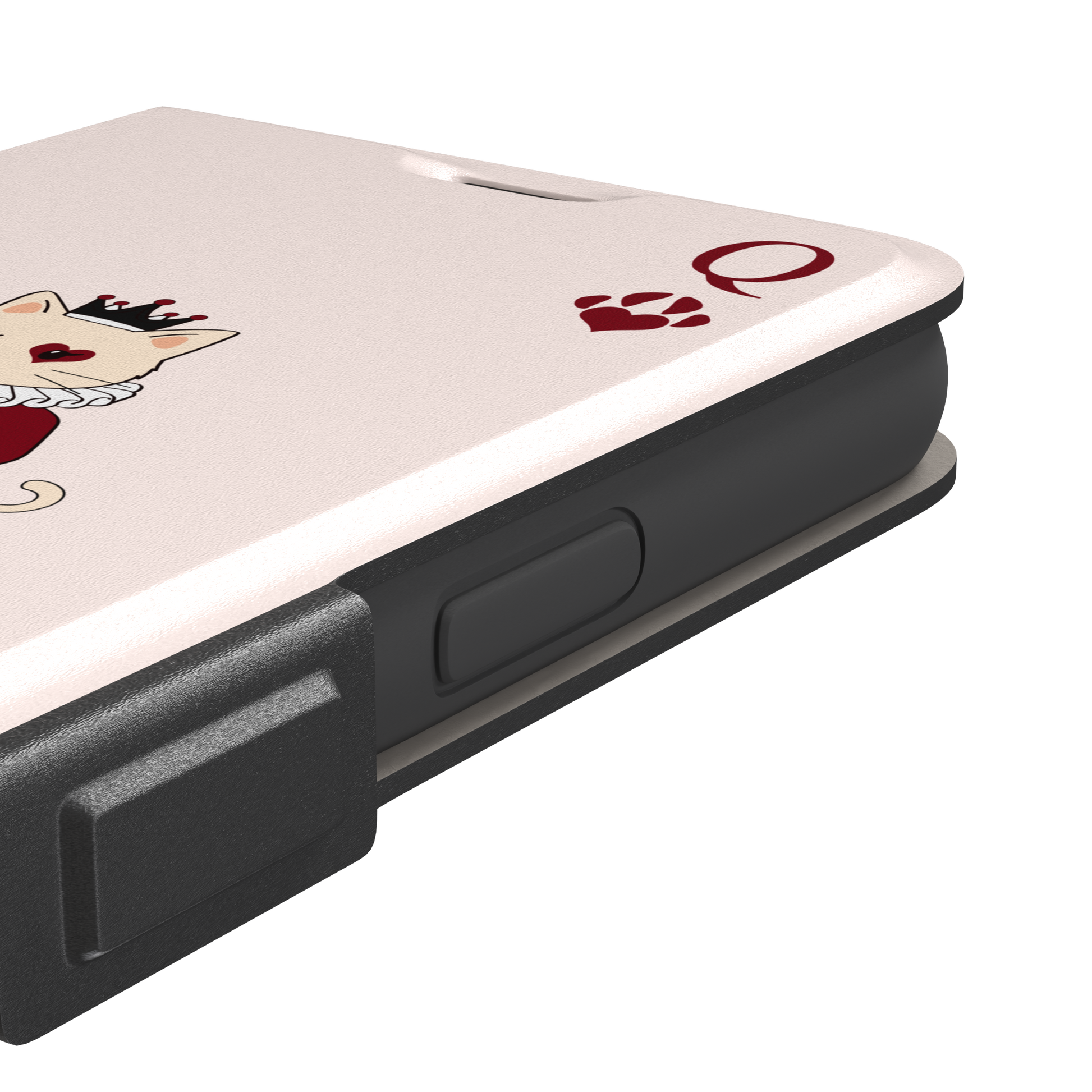 Queen of Hearts phone case in blush pink featuring a crowned cat in a crimson heart-print gown styled as a playing card, with paw print suit symbols, phone case by Caselier — wallet case, volume buttons detail