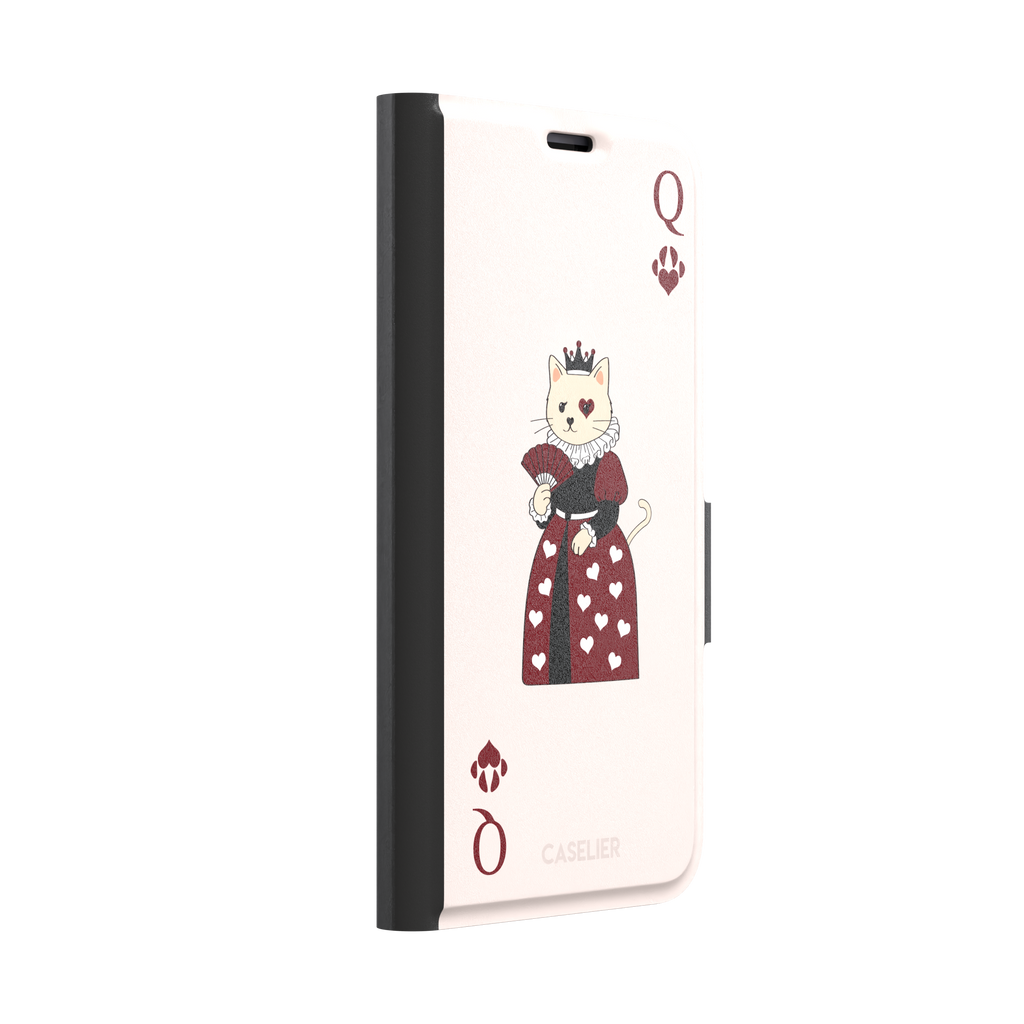 Queen of Hearts phone case in blush pink featuring a crowned cat in a crimson heart-print gown styled as a playing card, with paw print suit symbols, phone case by Caselier — wallet case, left view