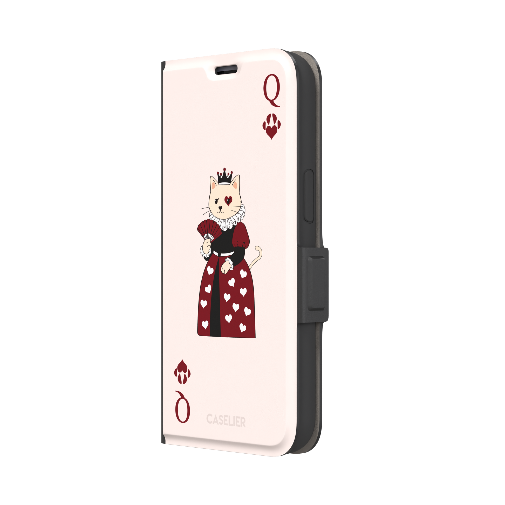 Queen of Hearts phone case in blush pink featuring a crowned cat in a crimson heart-print gown styled as a playing card, with paw print suit symbols, phone case by Caselier — wallet case, right view