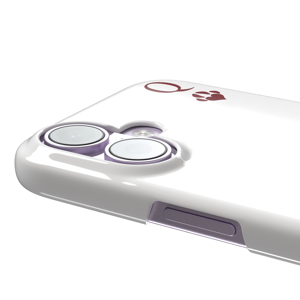 Queen of Hearts phone case in white variant featuring a crowned cat in a crimson heart-print gown styled as a playing card, with paw print suit symbols, phone case by Caselier — snap case, volume buttons detail