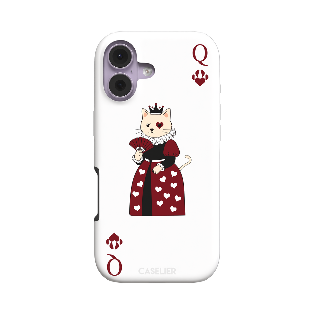 Queen of Hearts phone case in white variant featuring a crowned cat in a crimson heart-print gown styled as a playing card, with paw print suit symbols, phone case by Caselier — tough case, front view