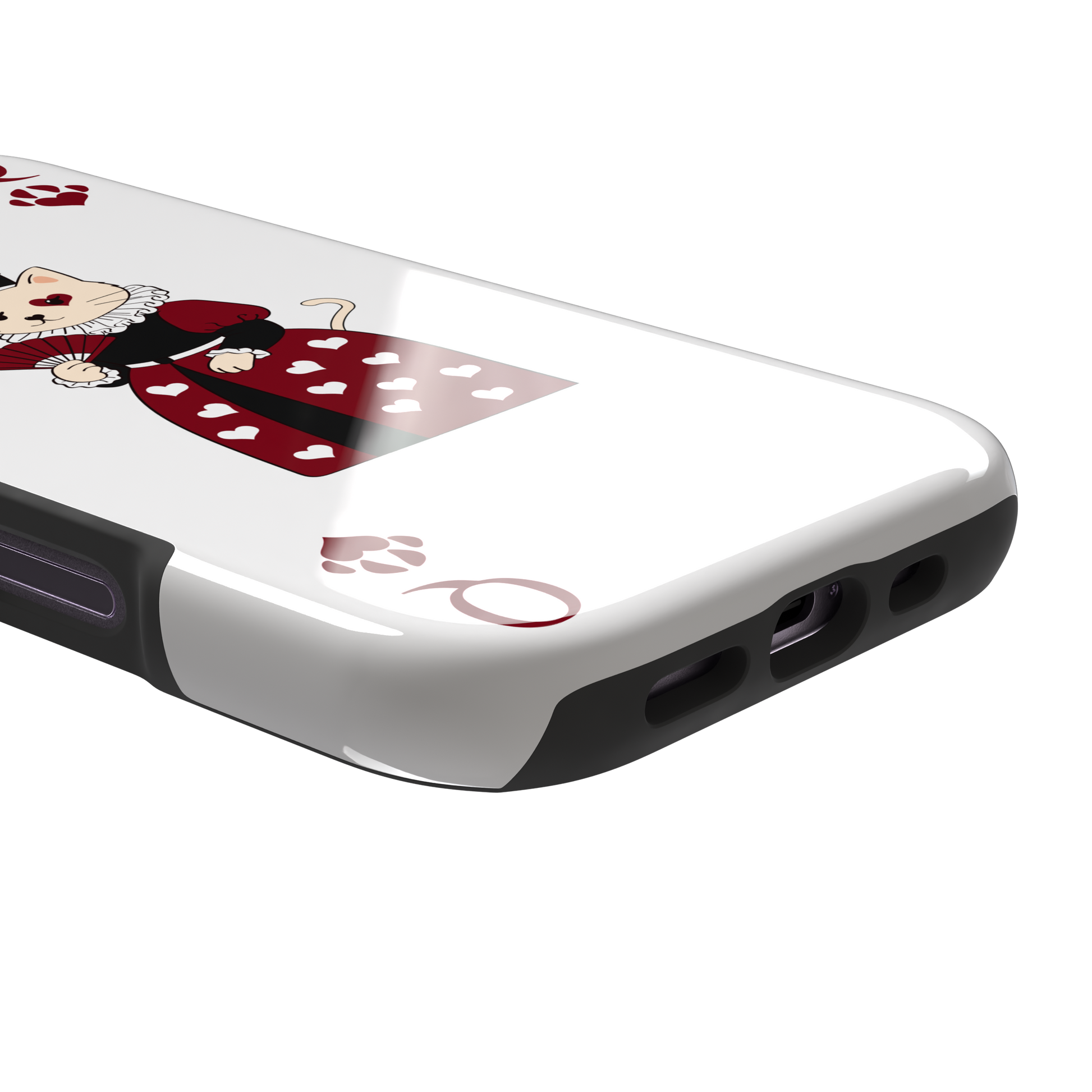 Queen of Hearts phone case in white variant featuring a crowned cat in a crimson heart-print gown styled as a playing card, with paw print suit symbols, phone case by Caselier — tough case, charging port detail