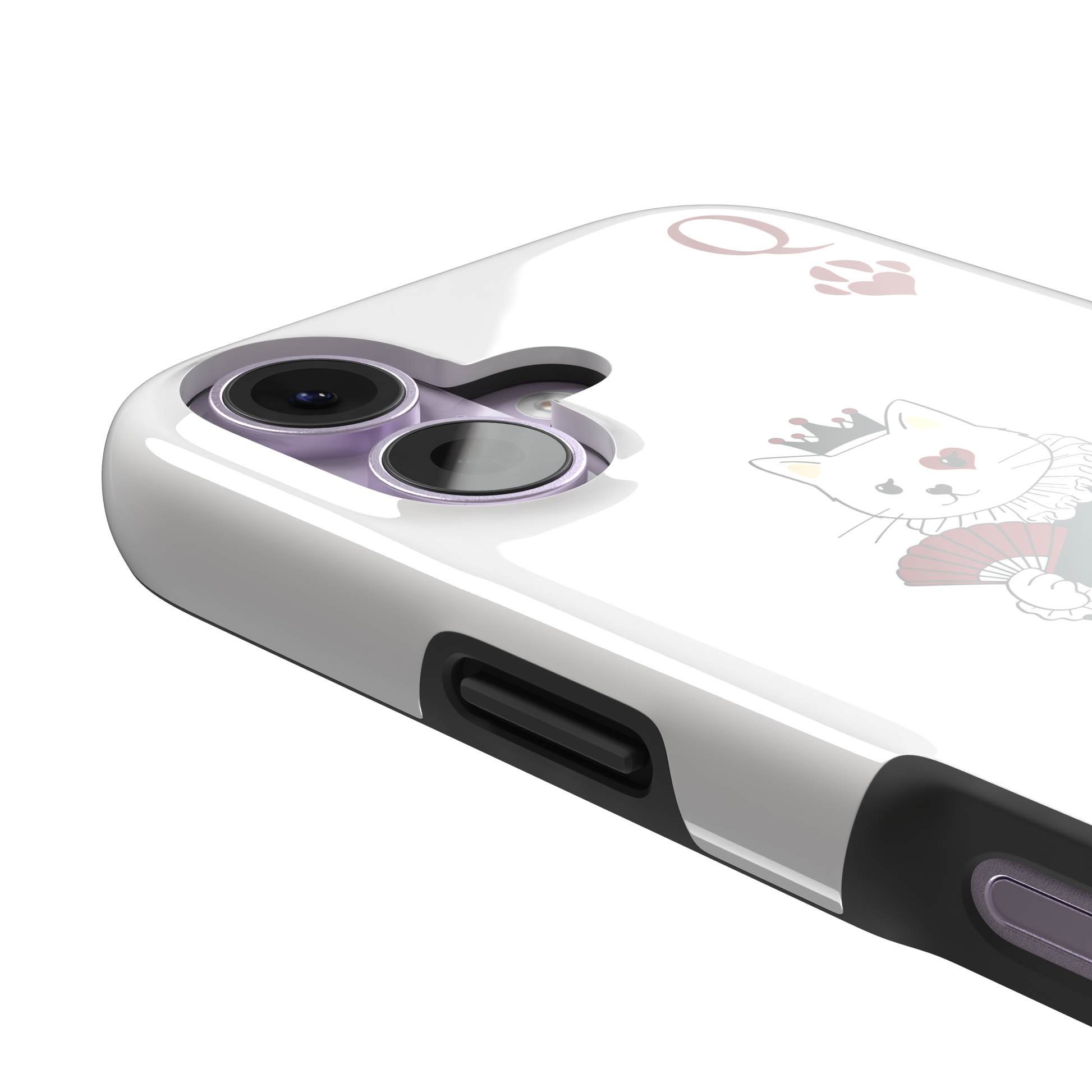Queen of Hearts phone case in white variant featuring a crowned cat in a crimson heart-print gown styled as a playing card, with paw print suit symbols, phone case by Caselier — tough case, volume buttons detail