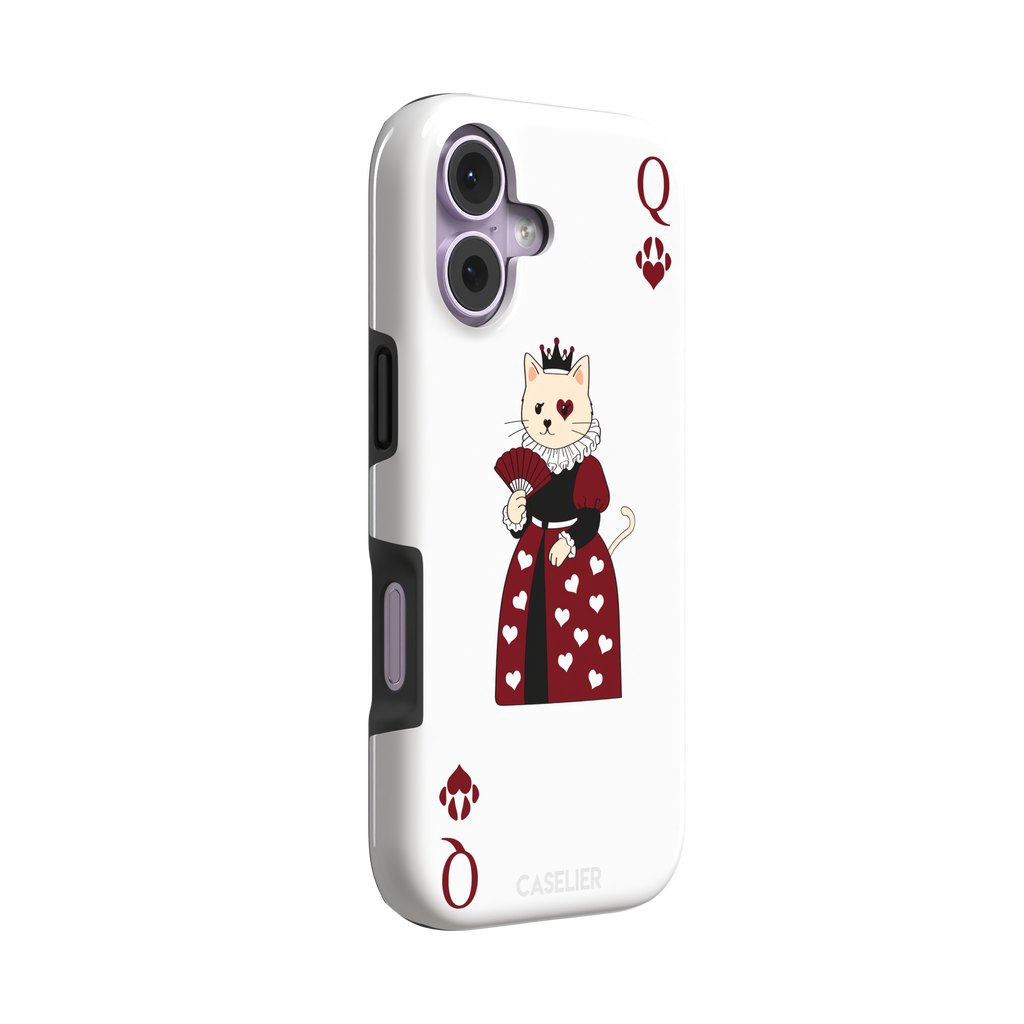 Queen of Hearts phone case in white variant featuring a crowned cat in a crimson heart-print gown styled as a playing card, with paw print suit symbols, phone case by Caselier — tough case, left view