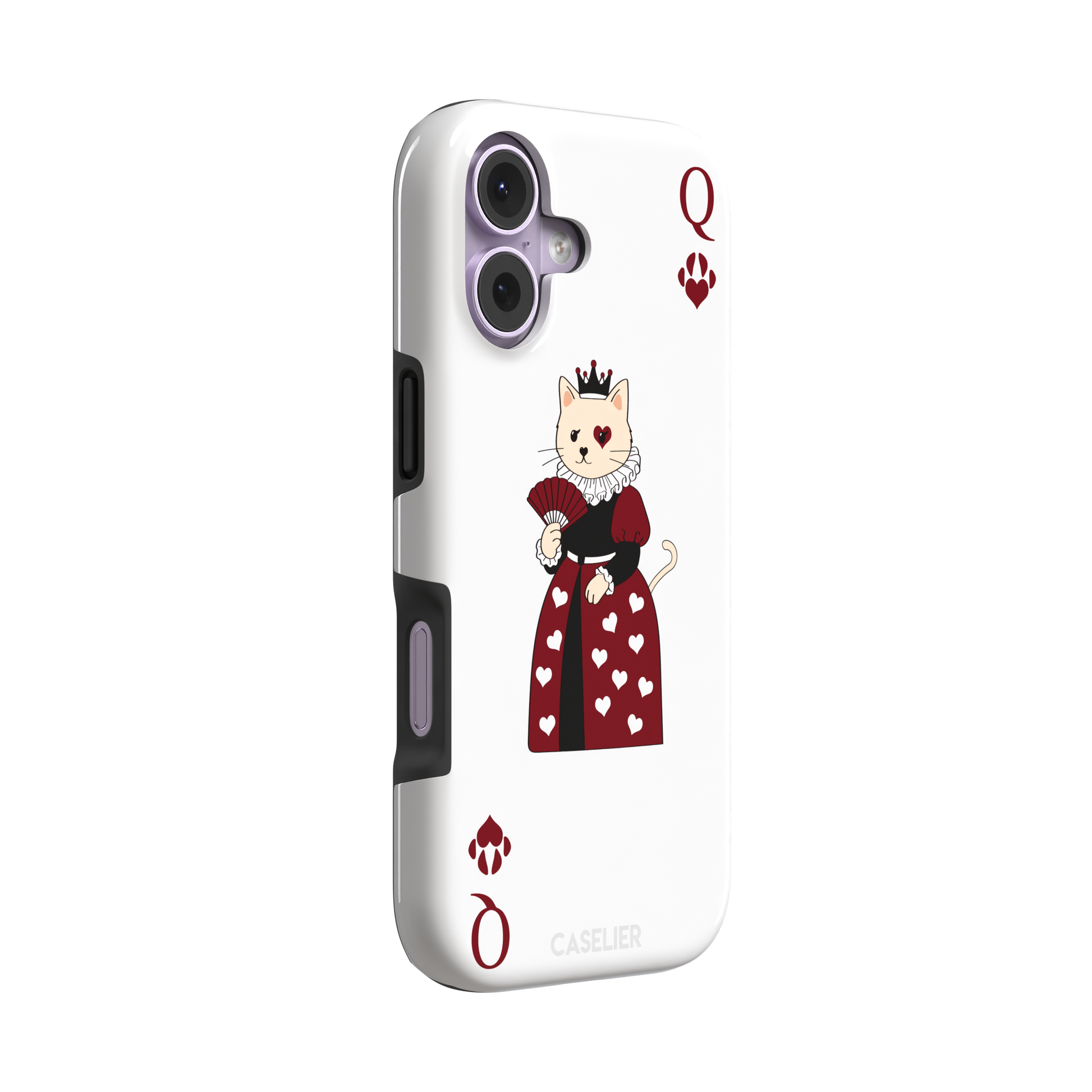 Queen of Hearts phone case in white variant featuring a crowned cat in a crimson heart-print gown styled as a playing card, with paw print suit symbols, phone case by Caselier — tough case, left view