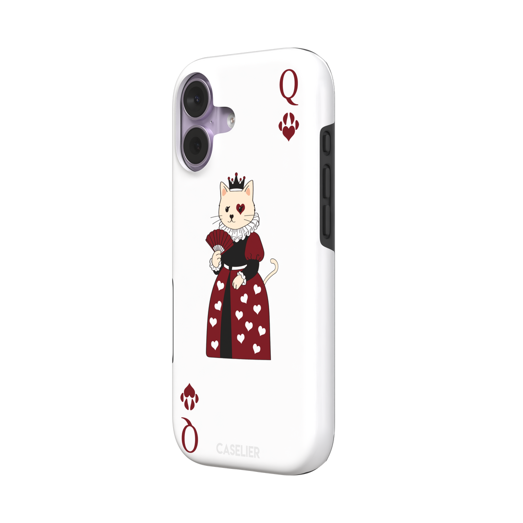 Queen of Hearts phone case in white variant featuring a crowned cat in a crimson heart-print gown styled as a playing card, with paw print suit symbols, phone case by Caselier — tough case, right view