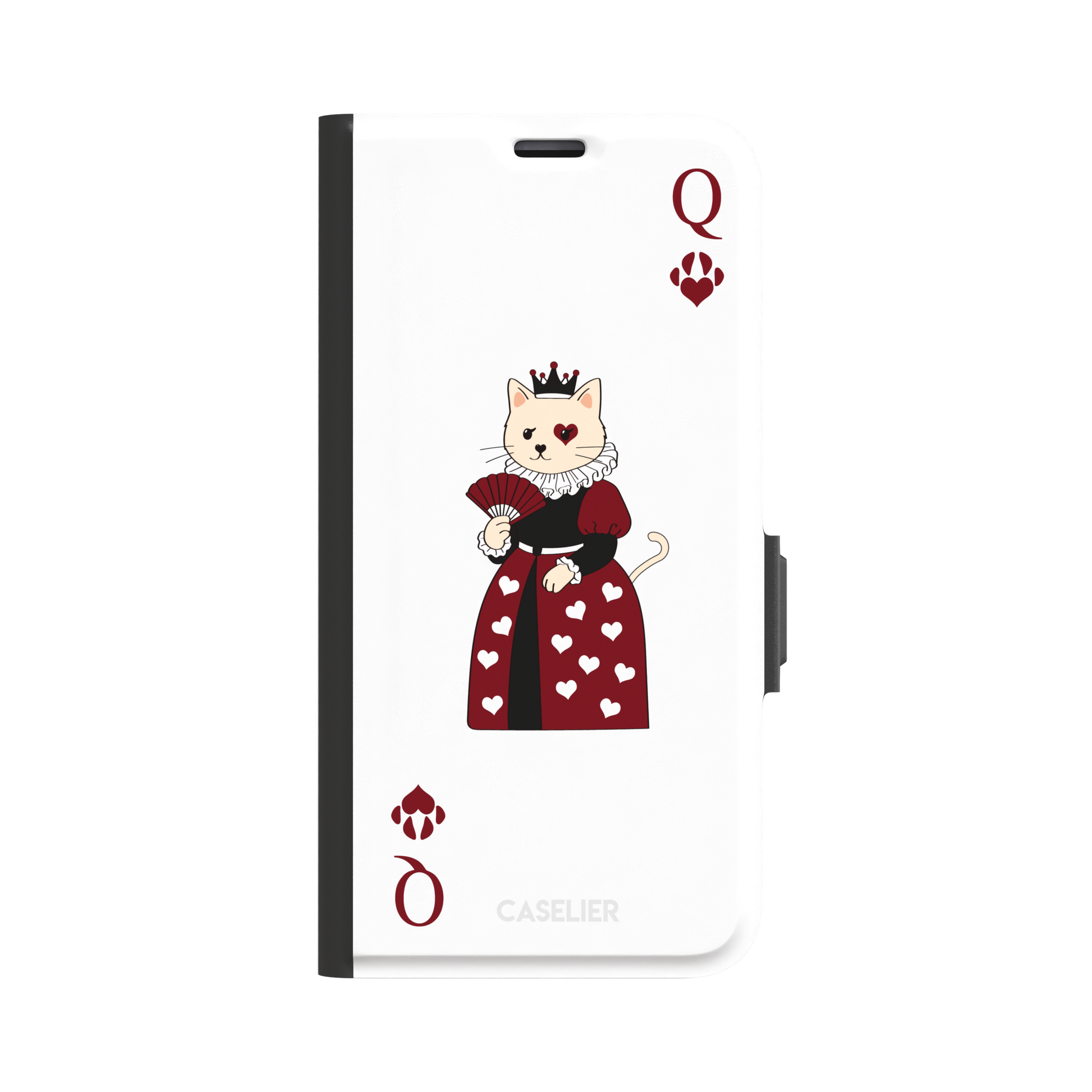 Queen of Hearts phone case in white variant featuring a crowned cat in a crimson heart-print gown styled as a playing card, with paw print suit symbols, phone case by Caselier — wallet case, front view