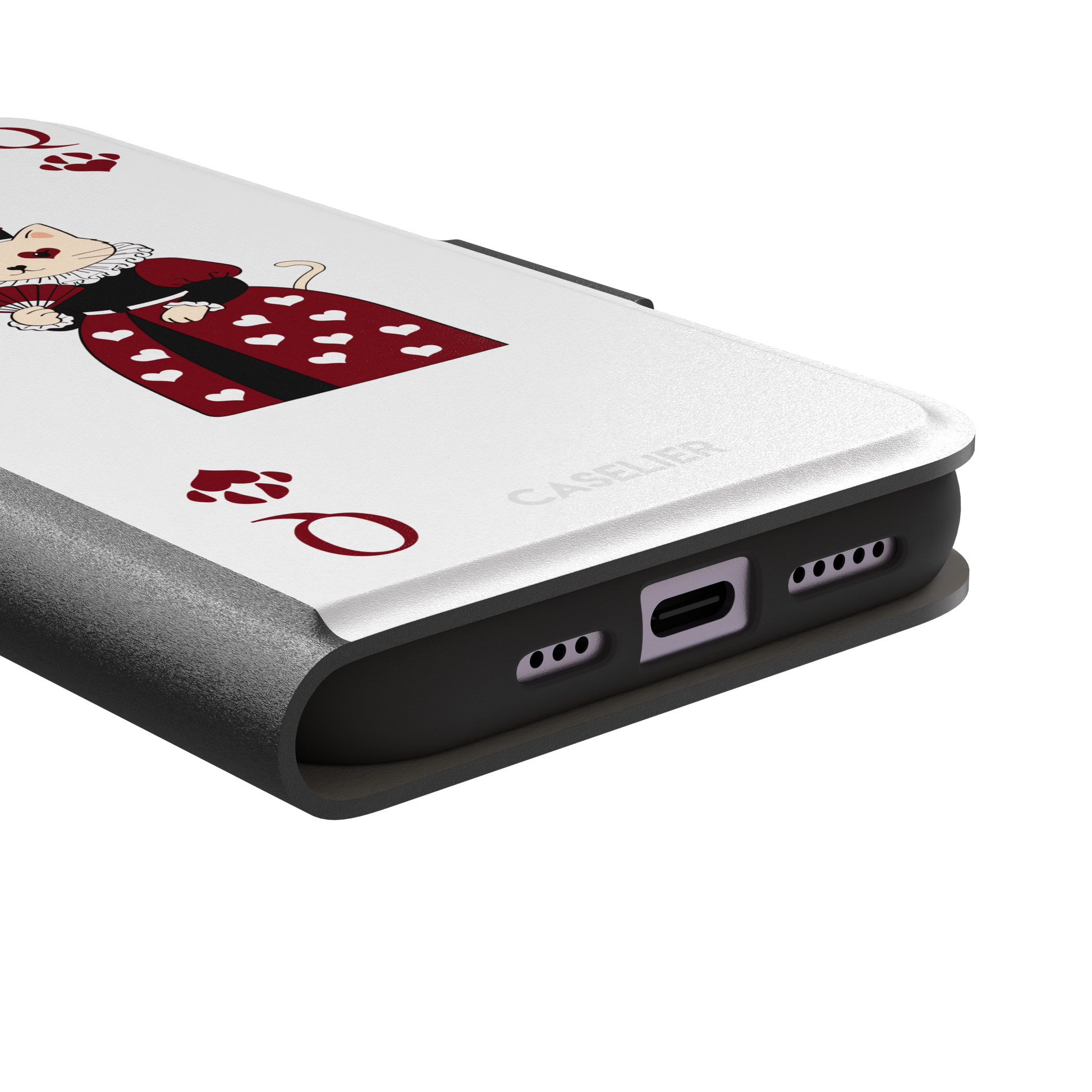 Queen of Hearts phone case in white variant featuring a crowned cat in a crimson heart-print gown styled as a playing card, with paw print suit symbols, phone case by Caselier — wallet case, charging port detail