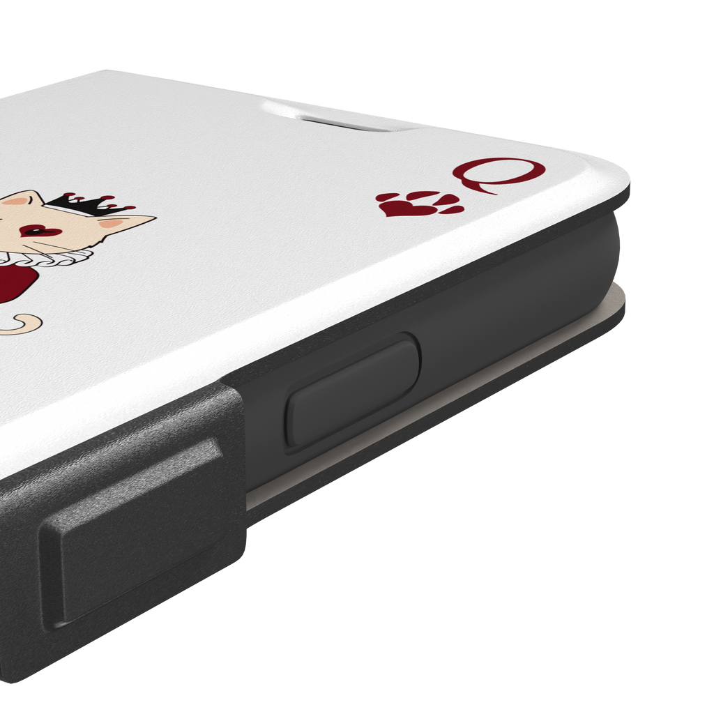 Queen of Hearts phone case in white variant featuring a crowned cat in a crimson heart-print gown styled as a playing card, with paw print suit symbols, phone case by Caselier — wallet case, volume buttons detail