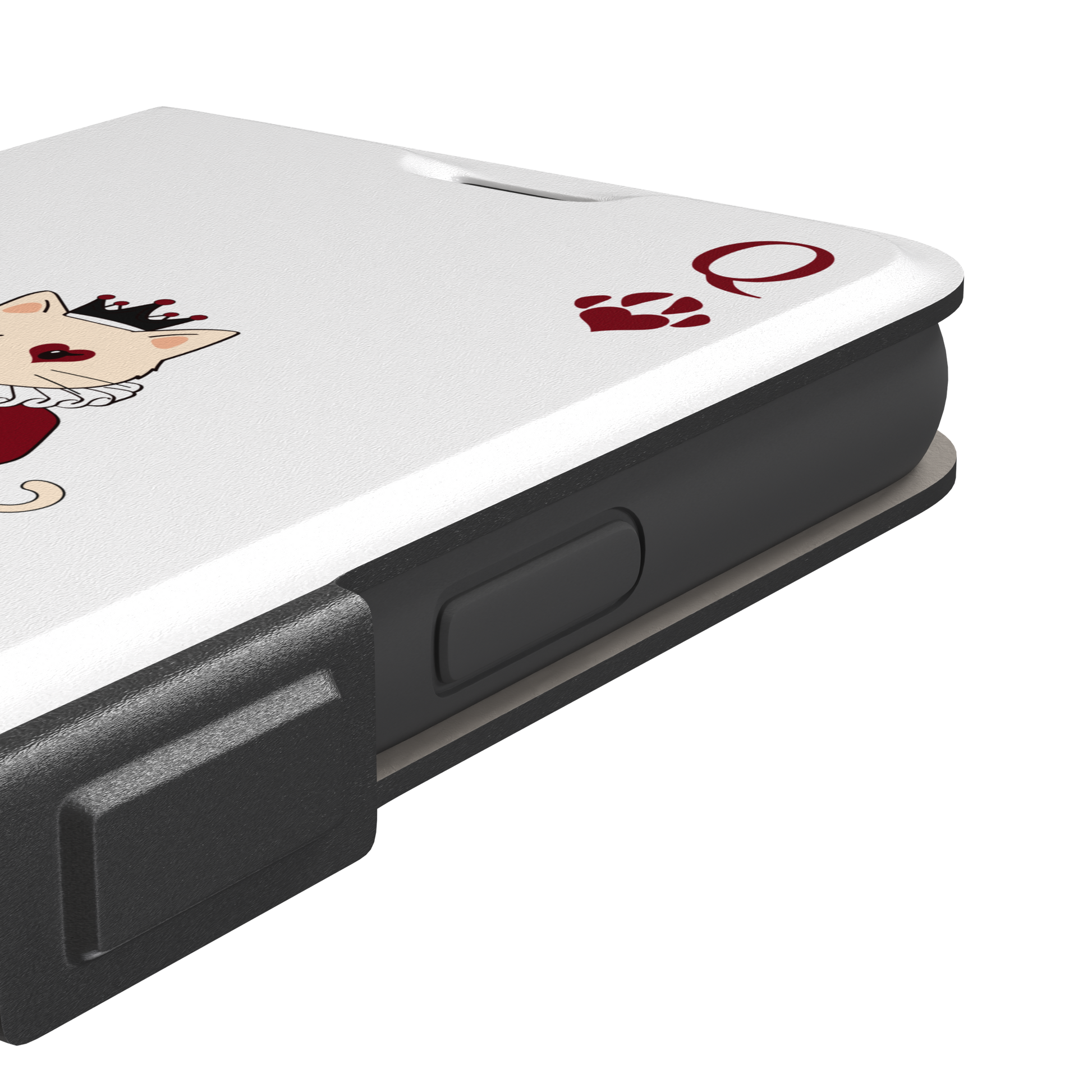 Queen of Hearts phone case in white variant featuring a crowned cat in a crimson heart-print gown styled as a playing card, with paw print suit symbols, phone case by Caselier — wallet case, volume buttons detail