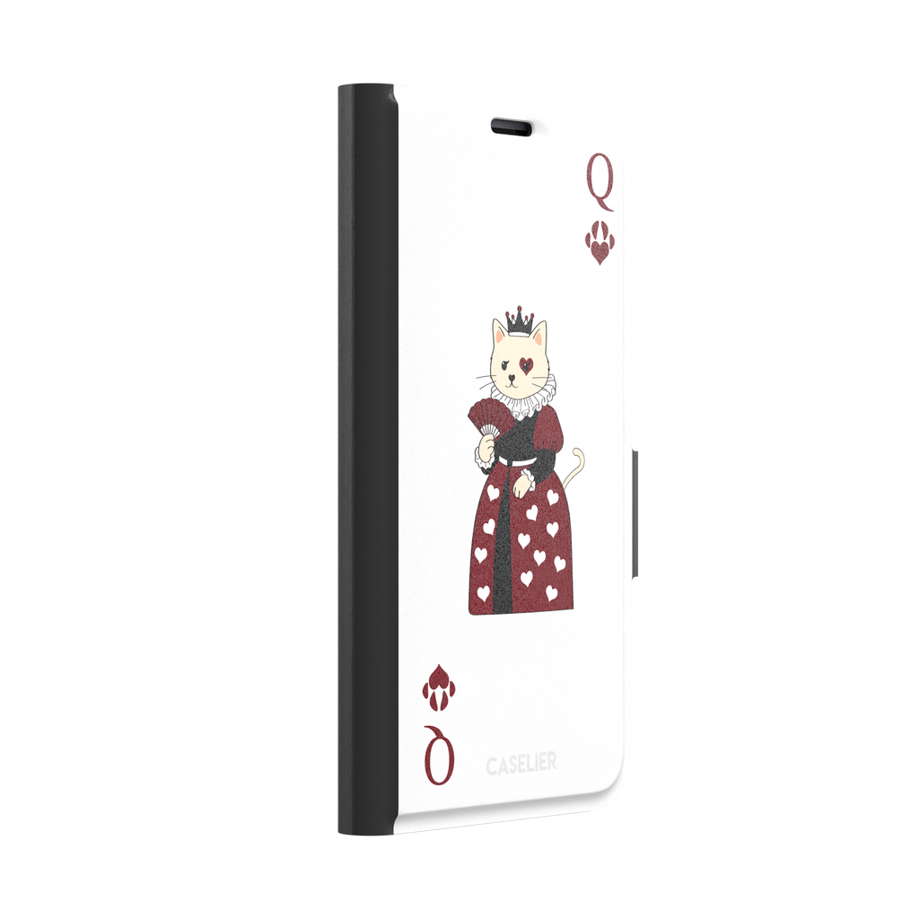 Queen of Hearts phone case in white variant featuring a crowned cat in a crimson heart-print gown styled as a playing card, with paw print suit symbols, phone case by Caselier — wallet case, left view