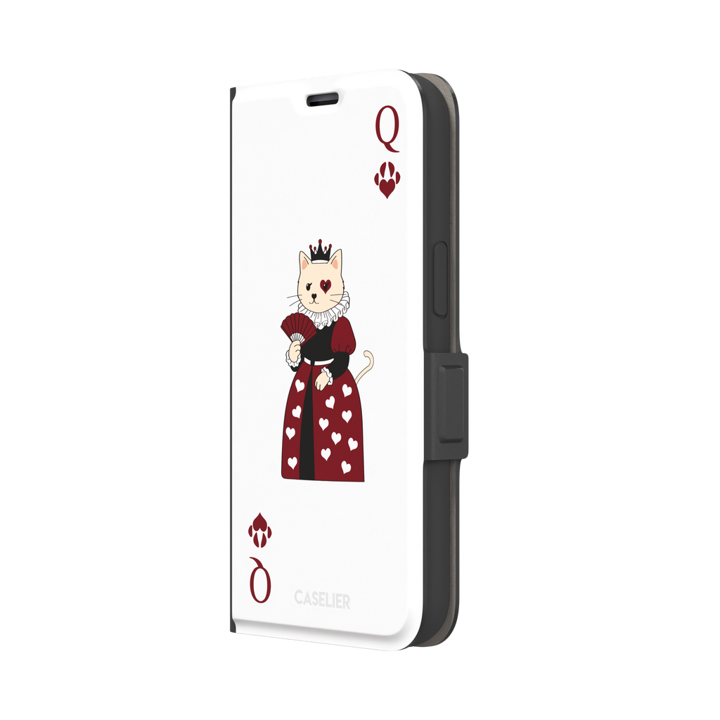 Queen of Hearts phone case in white variant featuring a crowned cat in a crimson heart-print gown styled as a playing card, with paw print suit symbols, phone case by Caselier — wallet case, right view