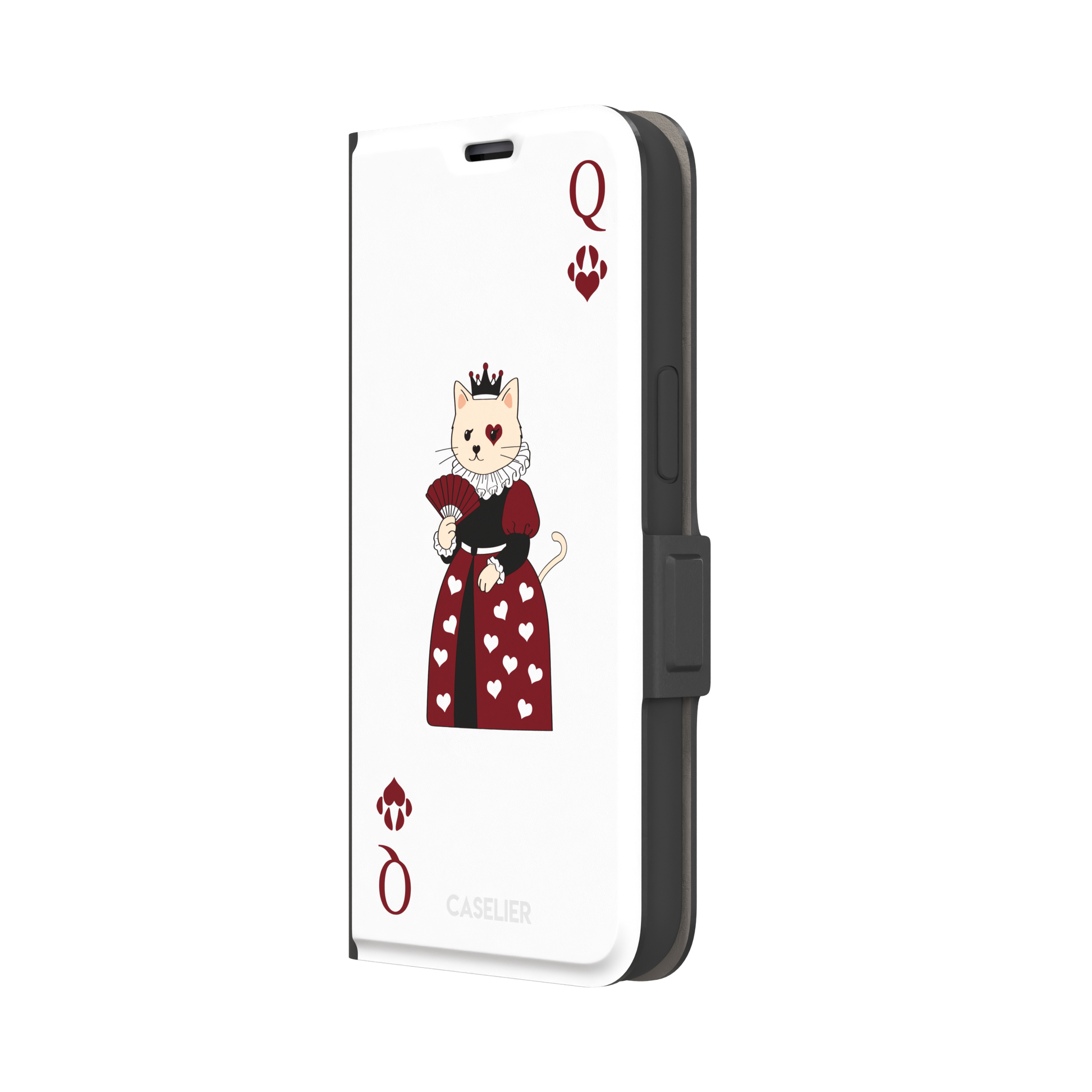 Queen of Hearts phone case in white variant featuring a crowned cat in a crimson heart-print gown styled as a playing card, with paw print suit symbols, phone case by Caselier — wallet case, right view