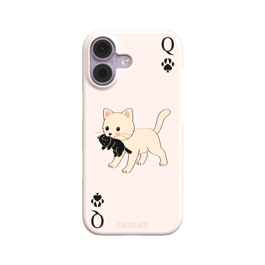 Queen of Spades phone case in blush pink with a cute kitten carrying a black cat and paw print playing card details, phone case by Caselier — snap case, front view