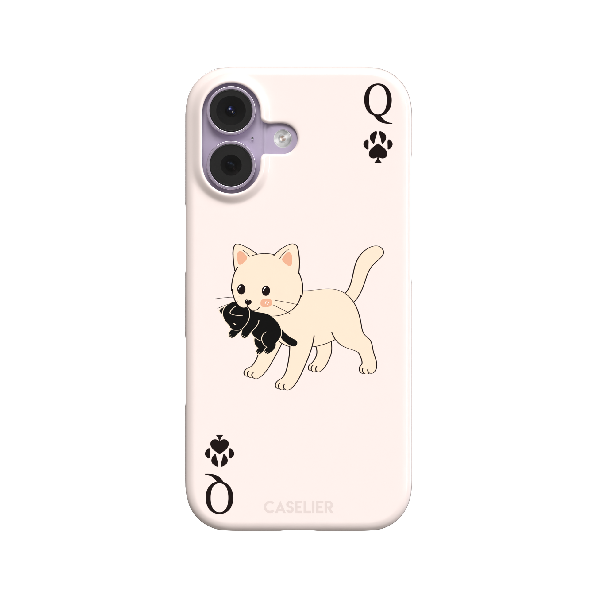 Queen of Spades phone case in blush pink with a cute kitten carrying a black cat and paw print playing card details, phone case by Caselier — snap case, front view
